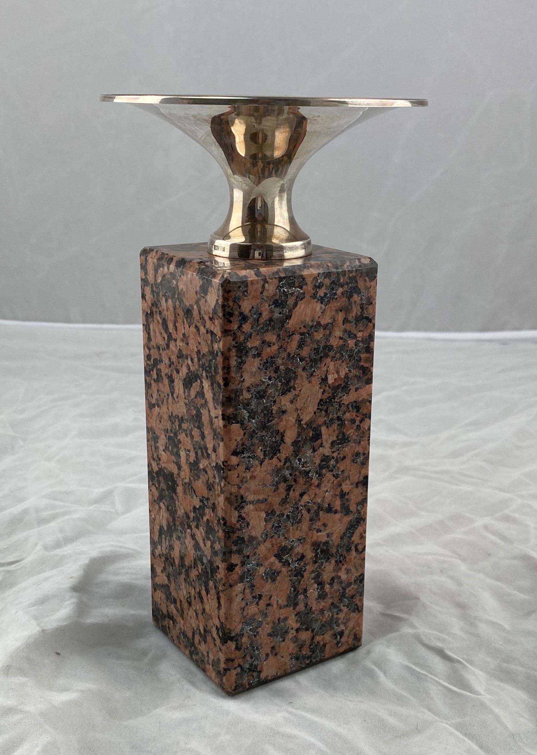 Late 20th Century Candlestick Made of Red Granite and Silver For Sale