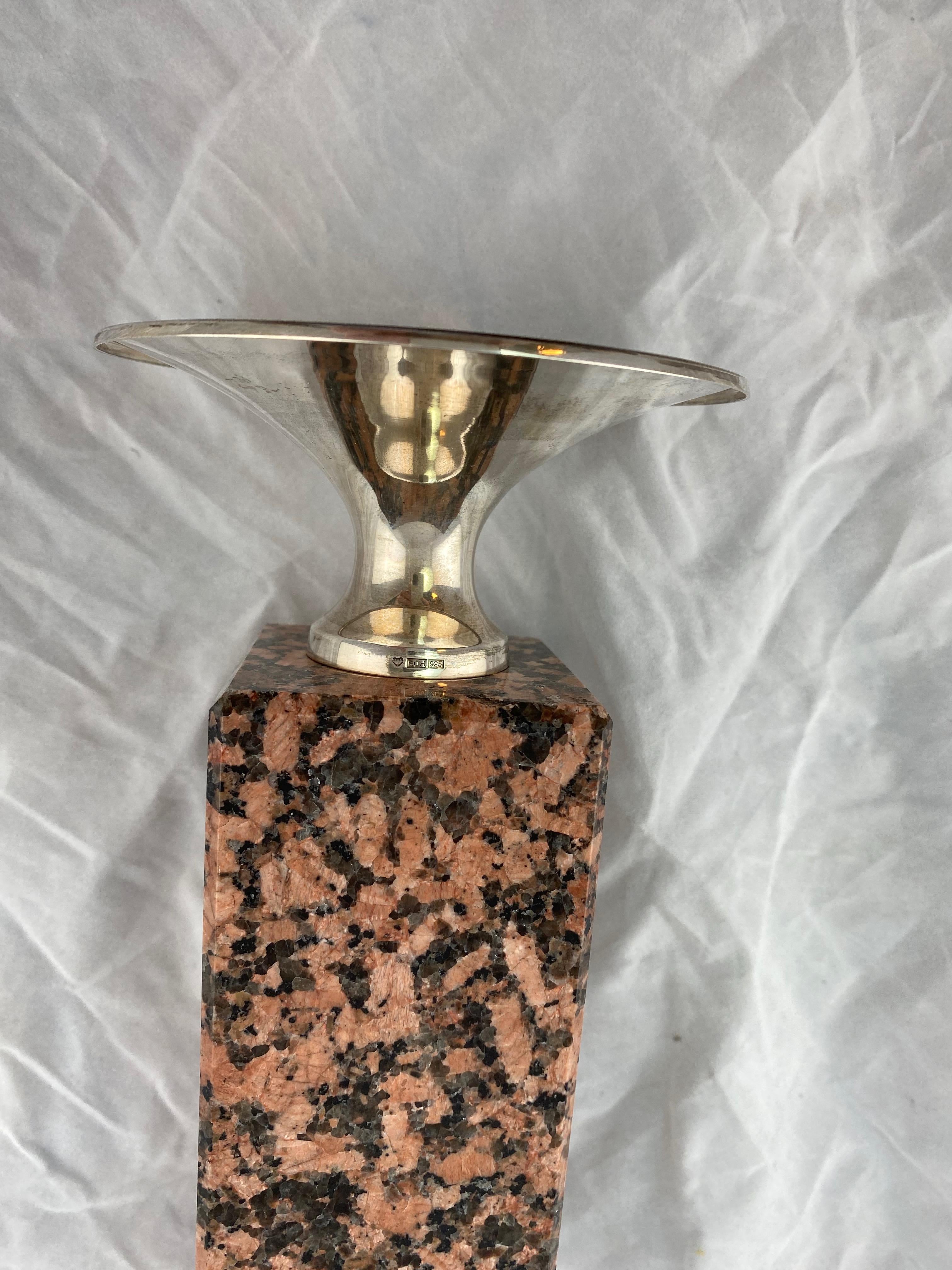 Candlestick Made of Red Granite and Silver For Sale 1