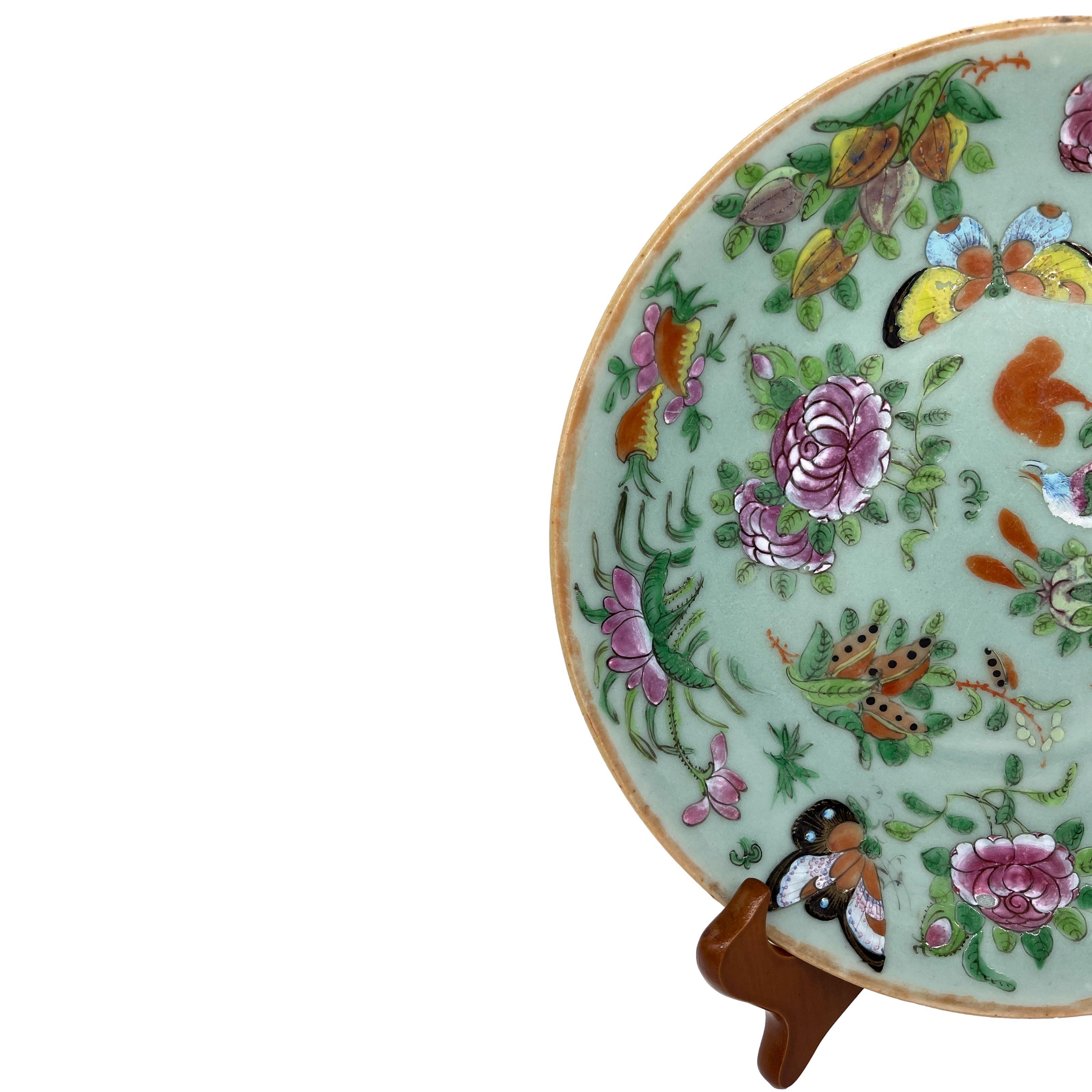 Enameled Canton Famille Rose Chinese Export Porcelain Celadon-Ground 10-In Plate