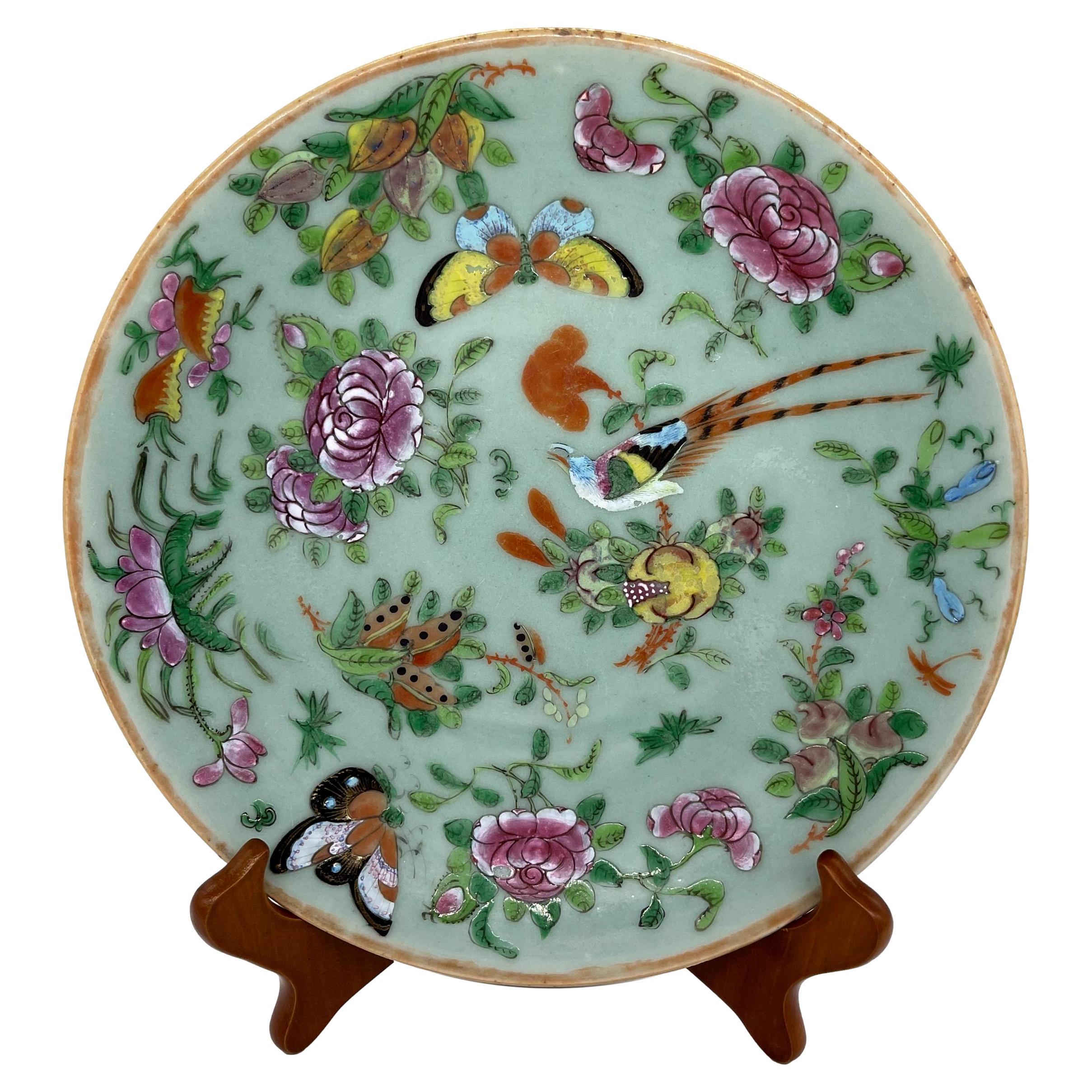 Canton Famille Rose Chinese Export Porcelain Celadon-Ground 10-In Plate