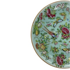 Canton Famille Rose Chinese Export Porcelain Celadon-Ground 9-in Plate