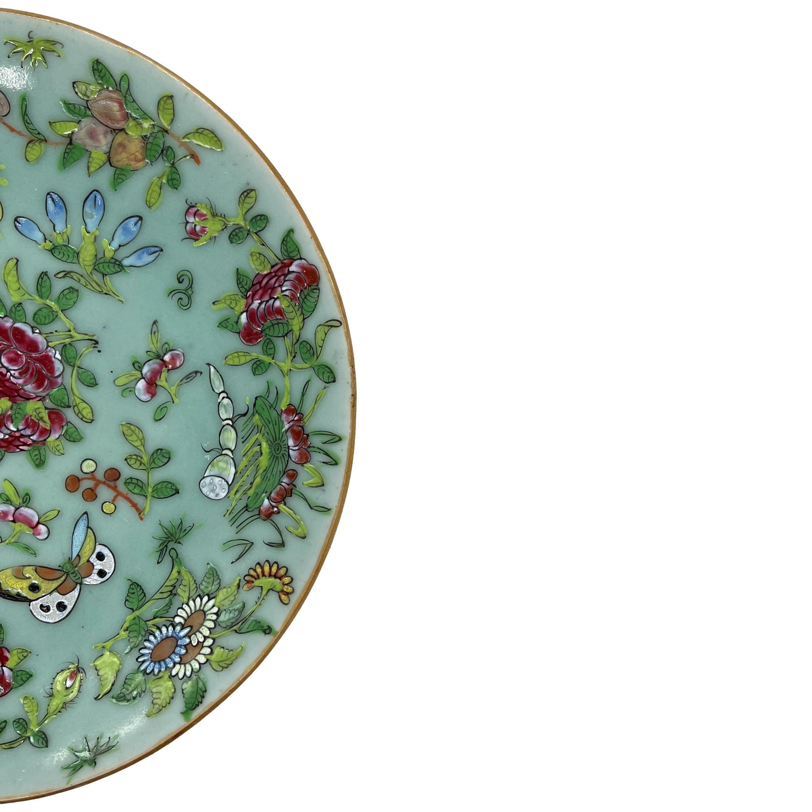 Enameled Canton Famille Rose Chinese Export Porcelain Celadon-Ground 9-in Plate