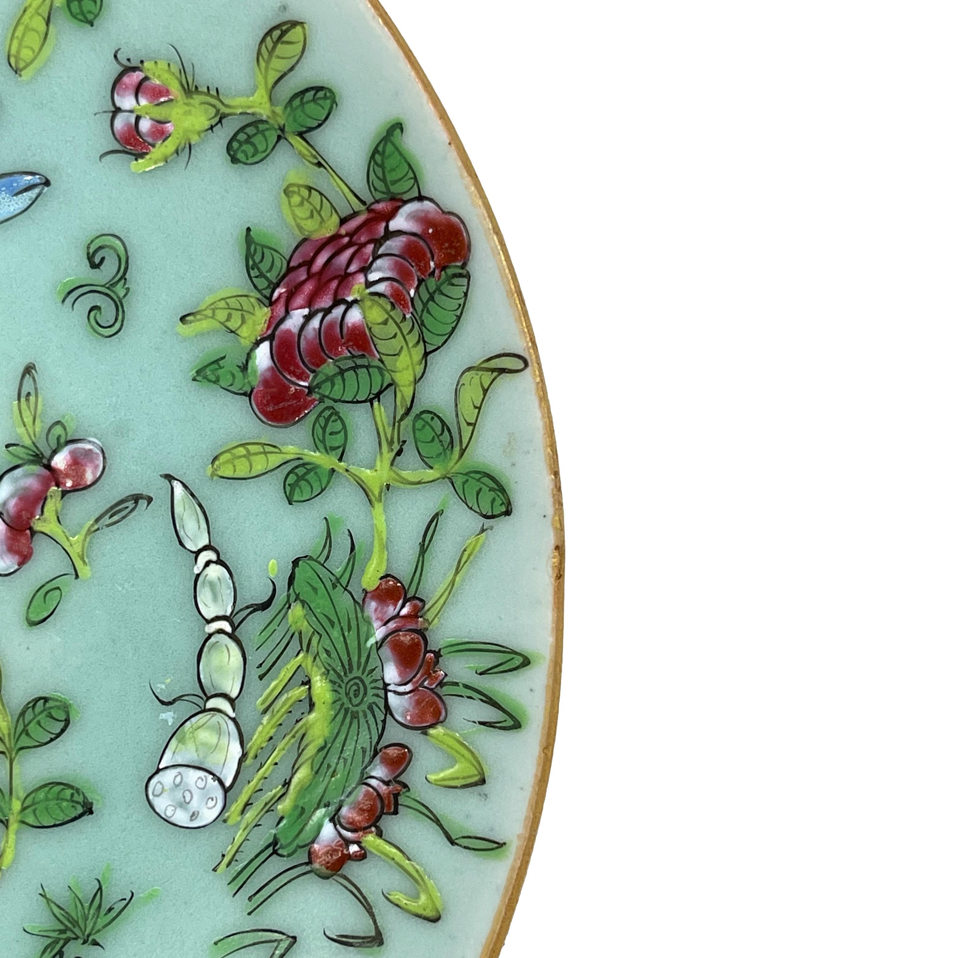 19th Century Canton Famille Rose Chinese Export Porcelain Celadon-Ground 9-in Plate