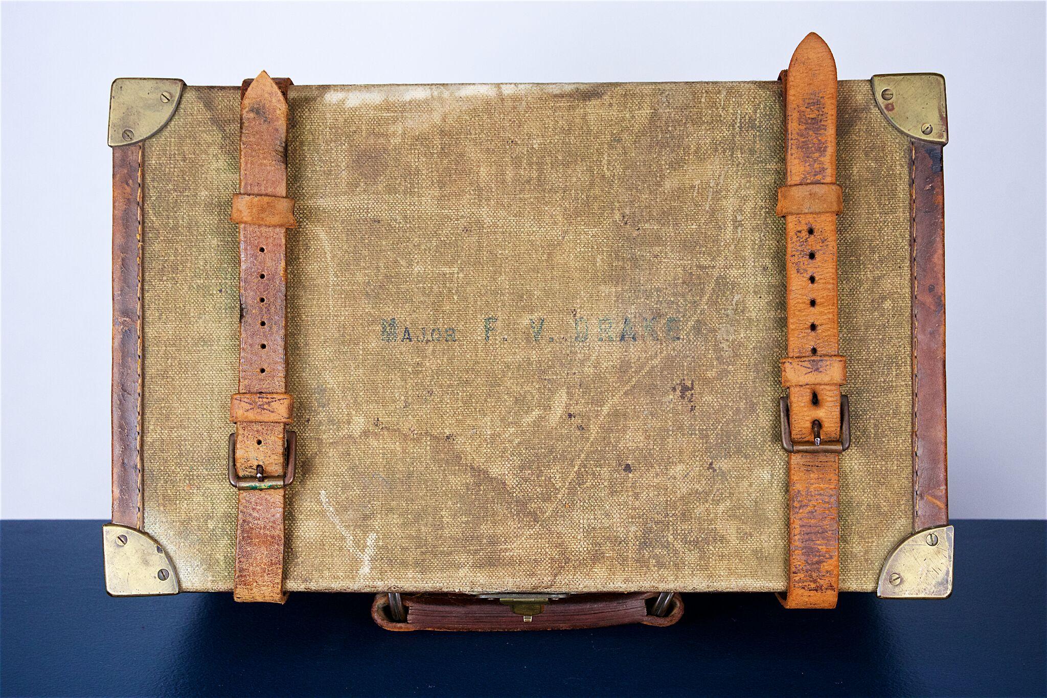 20th Century Canvas and Leather Cartridge Magazine, Mounted on Oak with Brass Corners