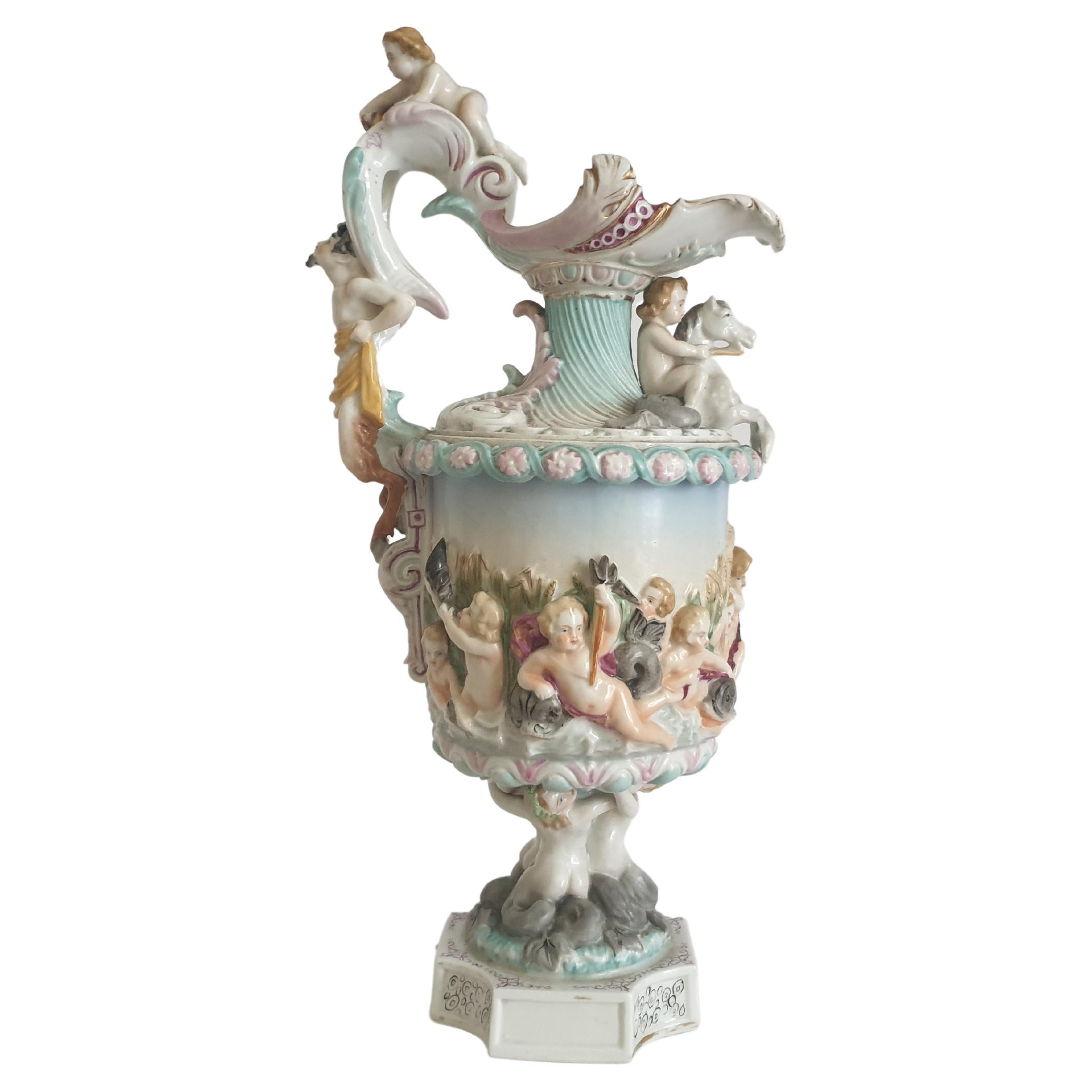 Swan Vase Capodimonte-Style Pitcher Applied Roses Gold Accents Porcelain Vintage