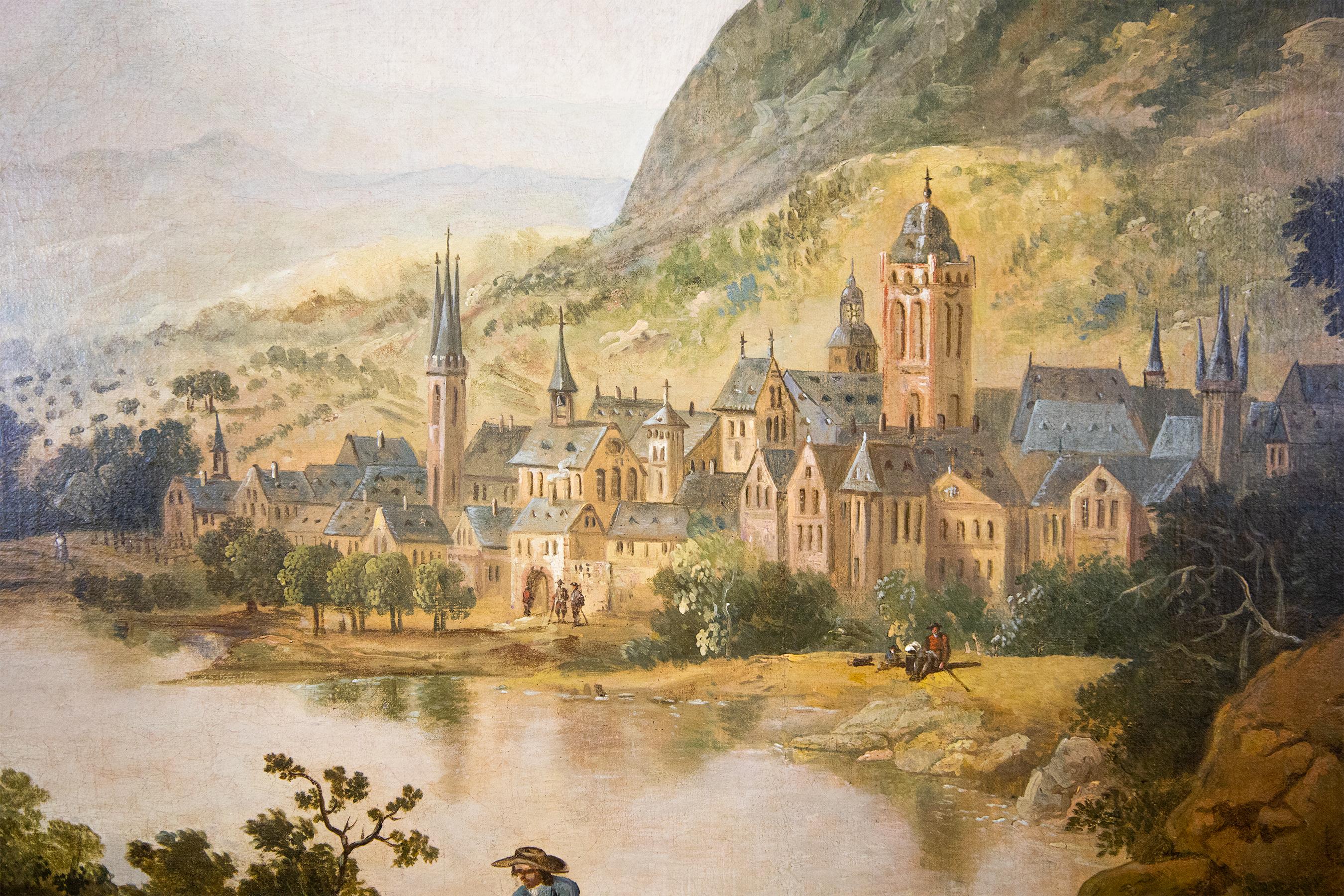 German Capriccio Rhineland Landscape, Large Oil on Canvas Attributed to C. Schutz