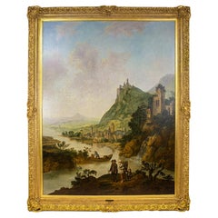Capriccio Rhineland Landscape, Large Oil on Canvas Attributed to C. Schutz
