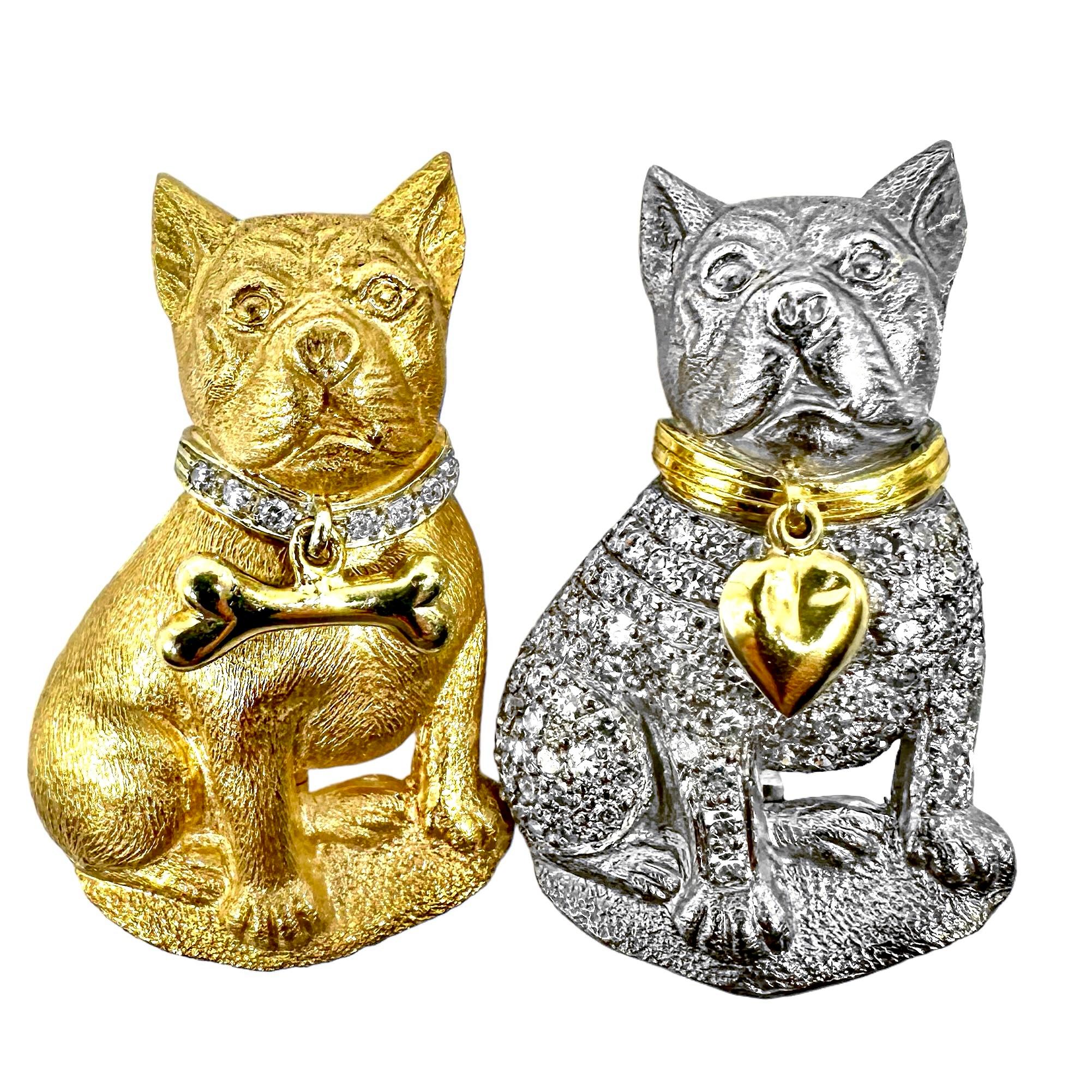 An adorable two-tone pair of Frenchies in 18K white and yellow gold. These highly detailed dogs both feature pave' set diamonds. The yellow gold bulldog has them in its collar, while the white gold Frenchie has diamonds covering its body. The yellow