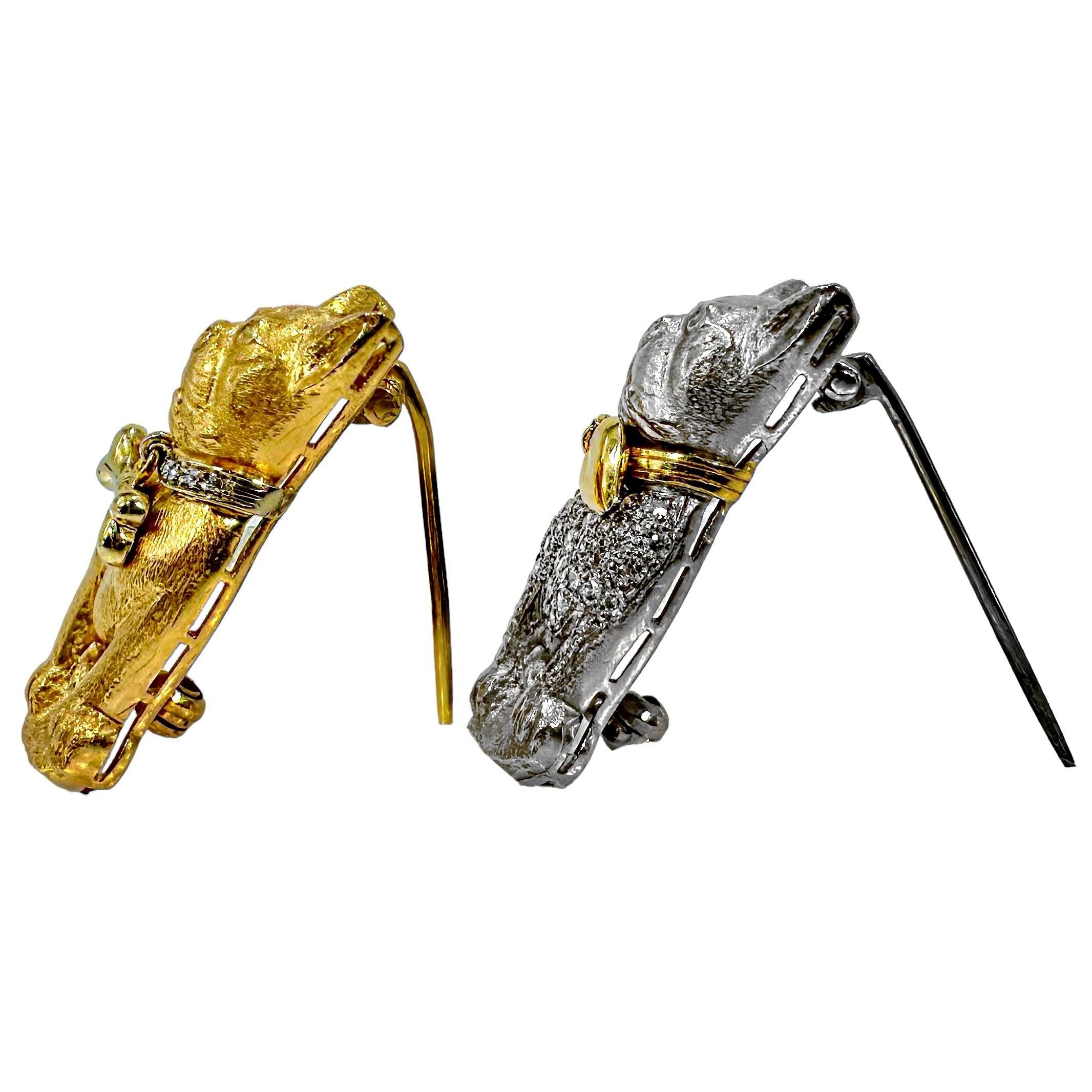 Modern A Captivating Pair of French Bulldog Pins in White & Yellow Gold with Diamonds For Sale