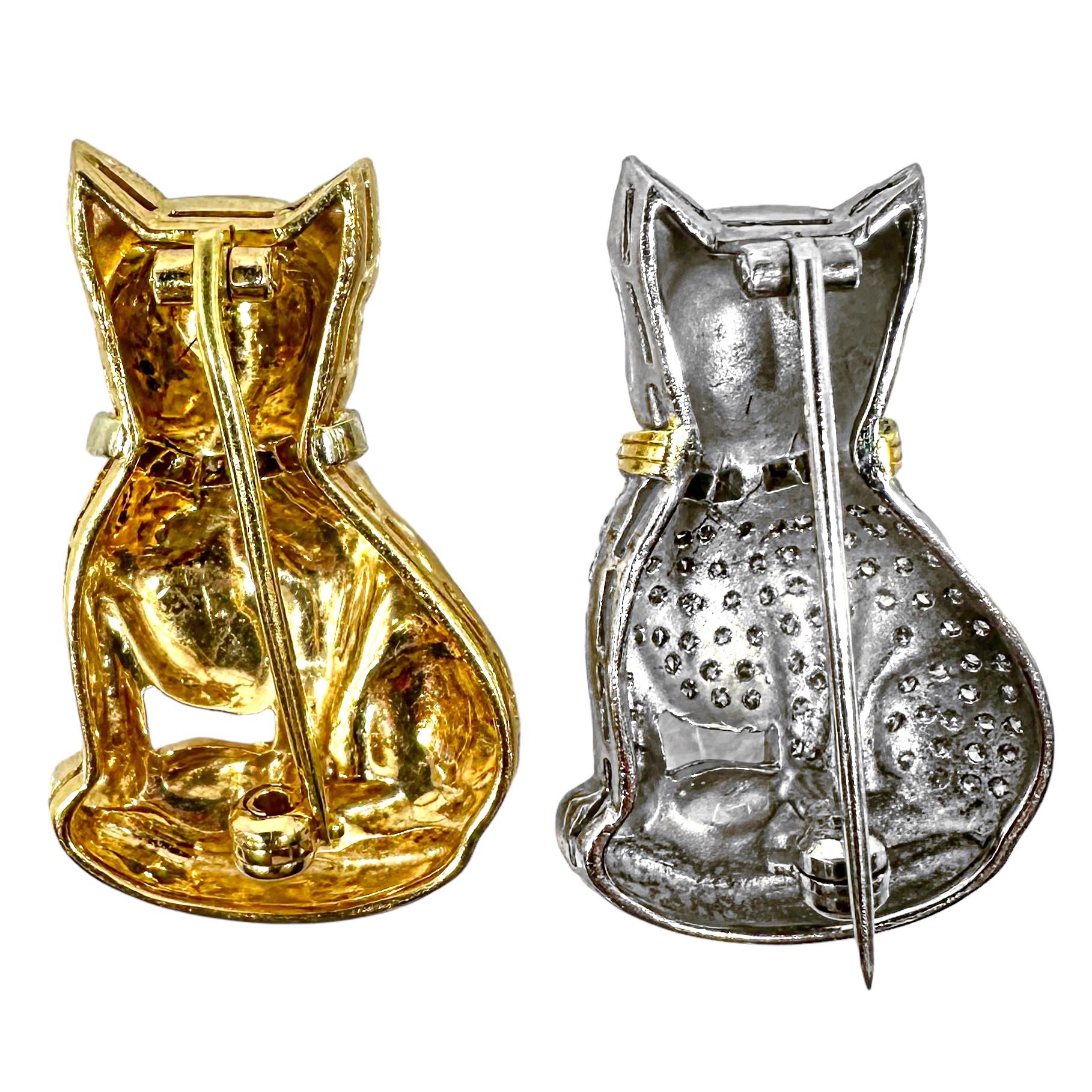 Round Cut A Captivating Pair of French Bulldog Pins in White & Yellow Gold with Diamonds For Sale