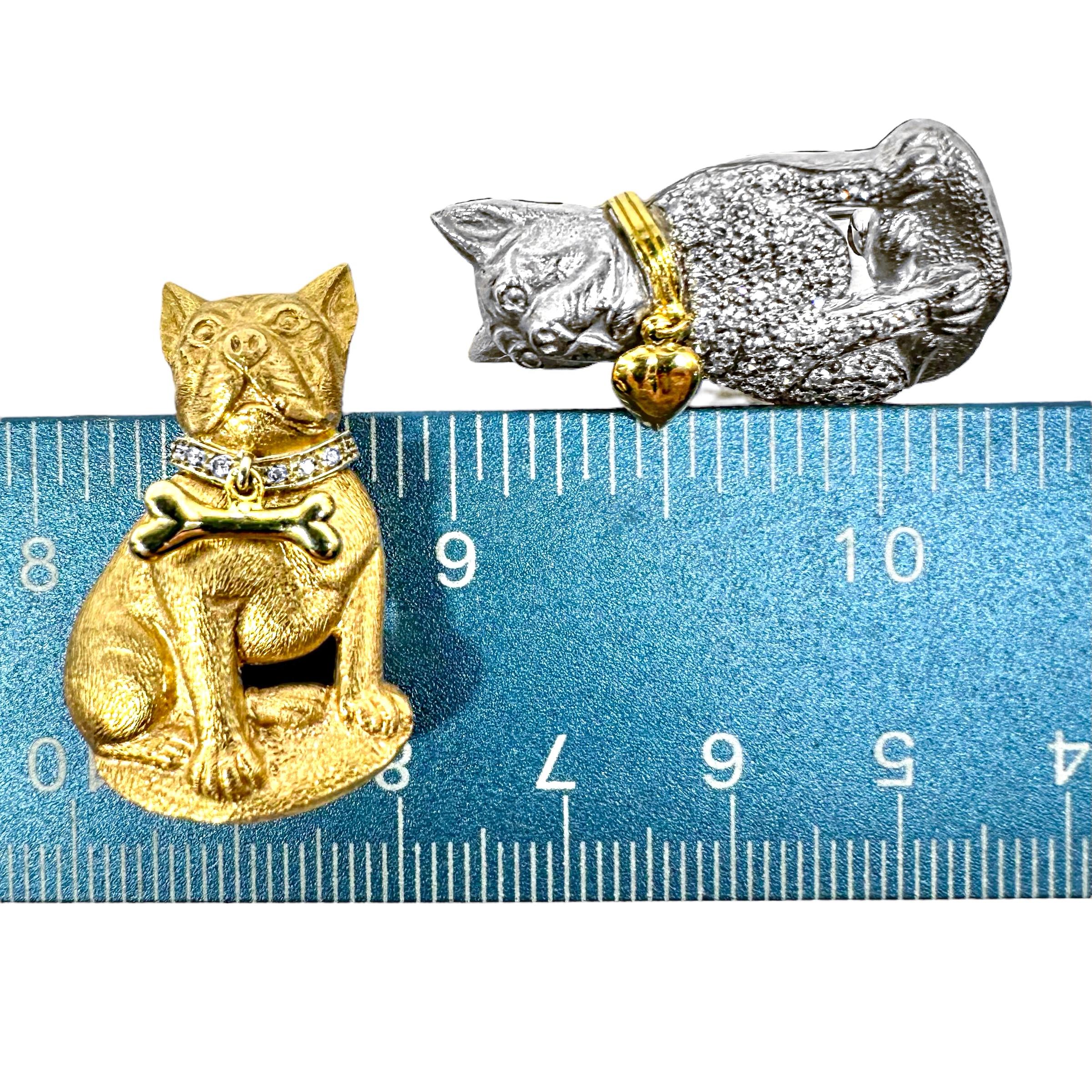 A Captivating Pair of French Bulldog Pins in White & Yellow Gold with Diamonds For Sale 1