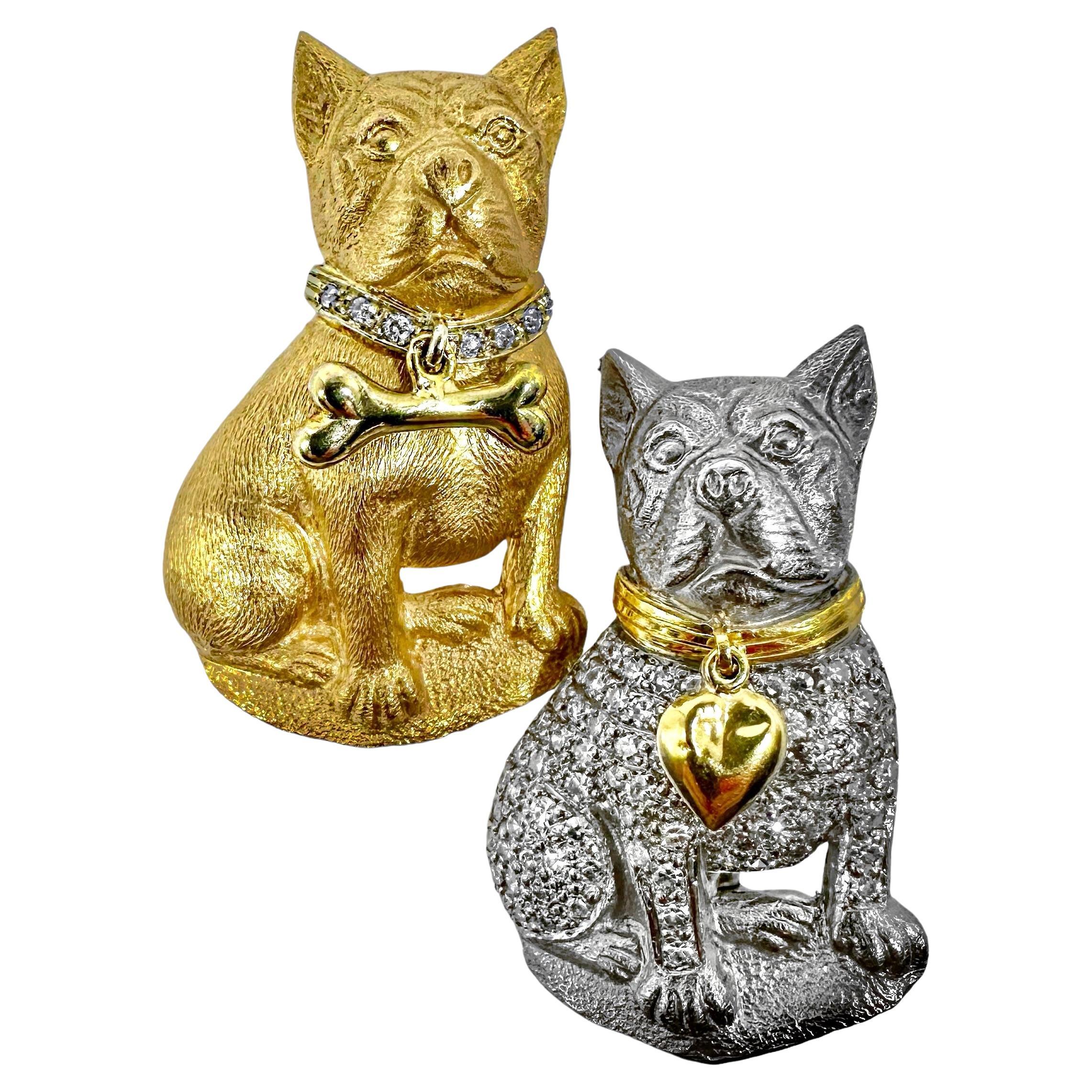 A Captivating Pair of French Bulldog Pins in White & Yellow Gold with Diamonds For Sale