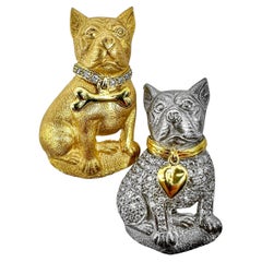 A Captivating Pair of French Bulldog Pins in White & Yellow Gold with Diamonds
