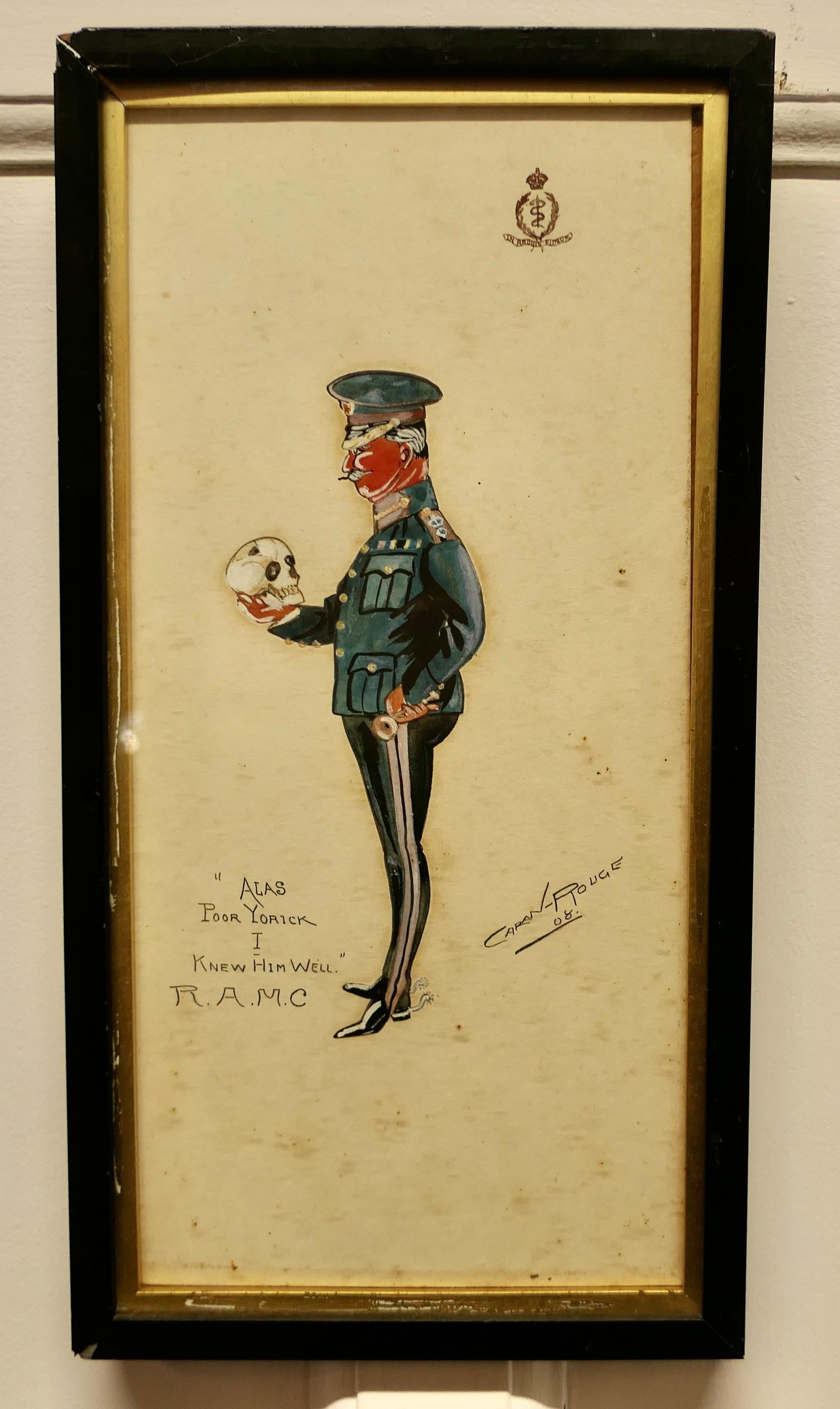 A Caran Rouge Signed Watercolour Painting from1908

The Picture is a rare piece of somewhat black humour depicting an officer of the R.A.M.C in uniform, scull in hand quoting from Hamlet

The Painting is an ebonised frame, 16” x 8”
TWS52