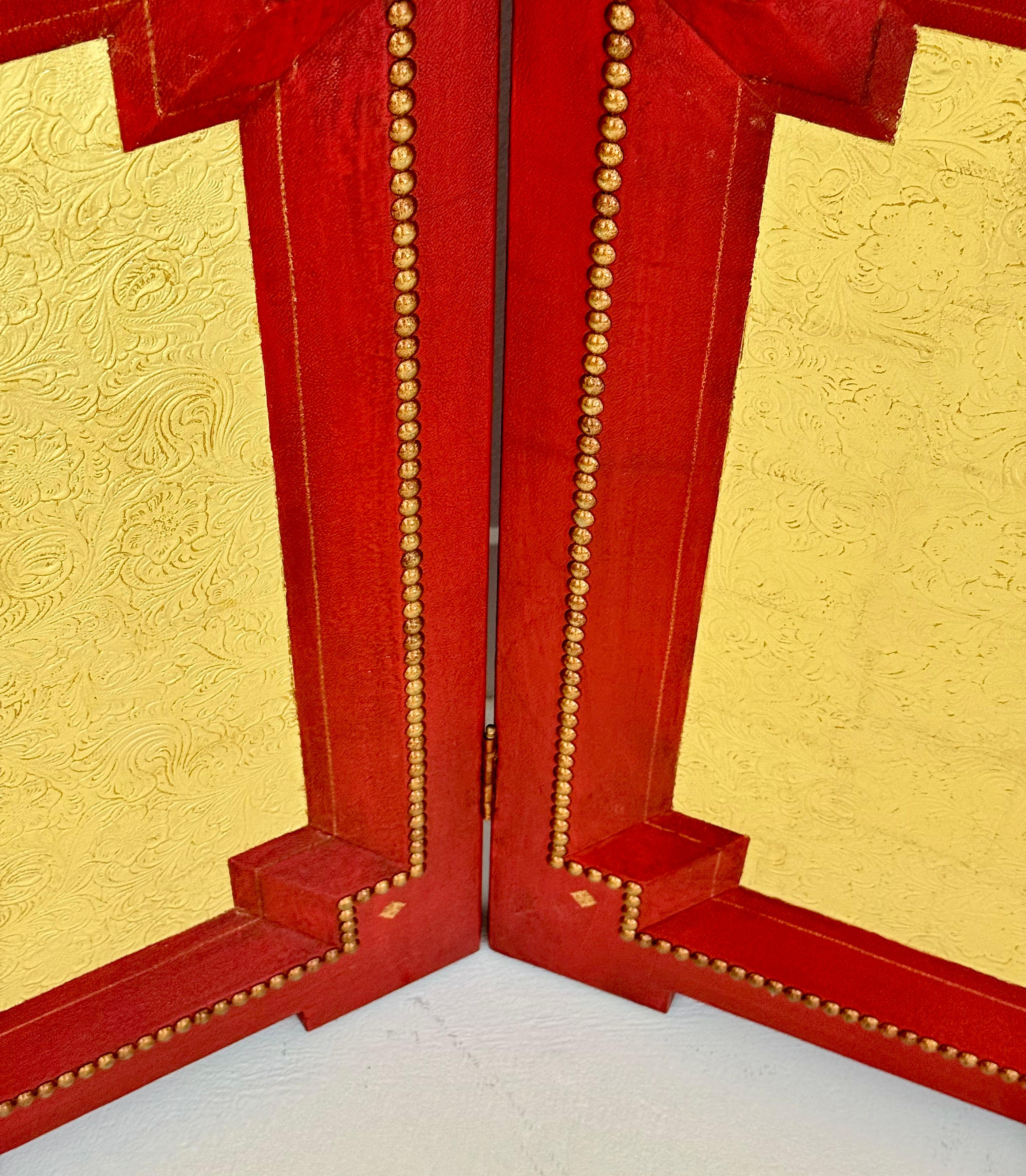 Brass A Cardinal Red and Gilt Leather Three Panel Screen after Billy Haines For Sale