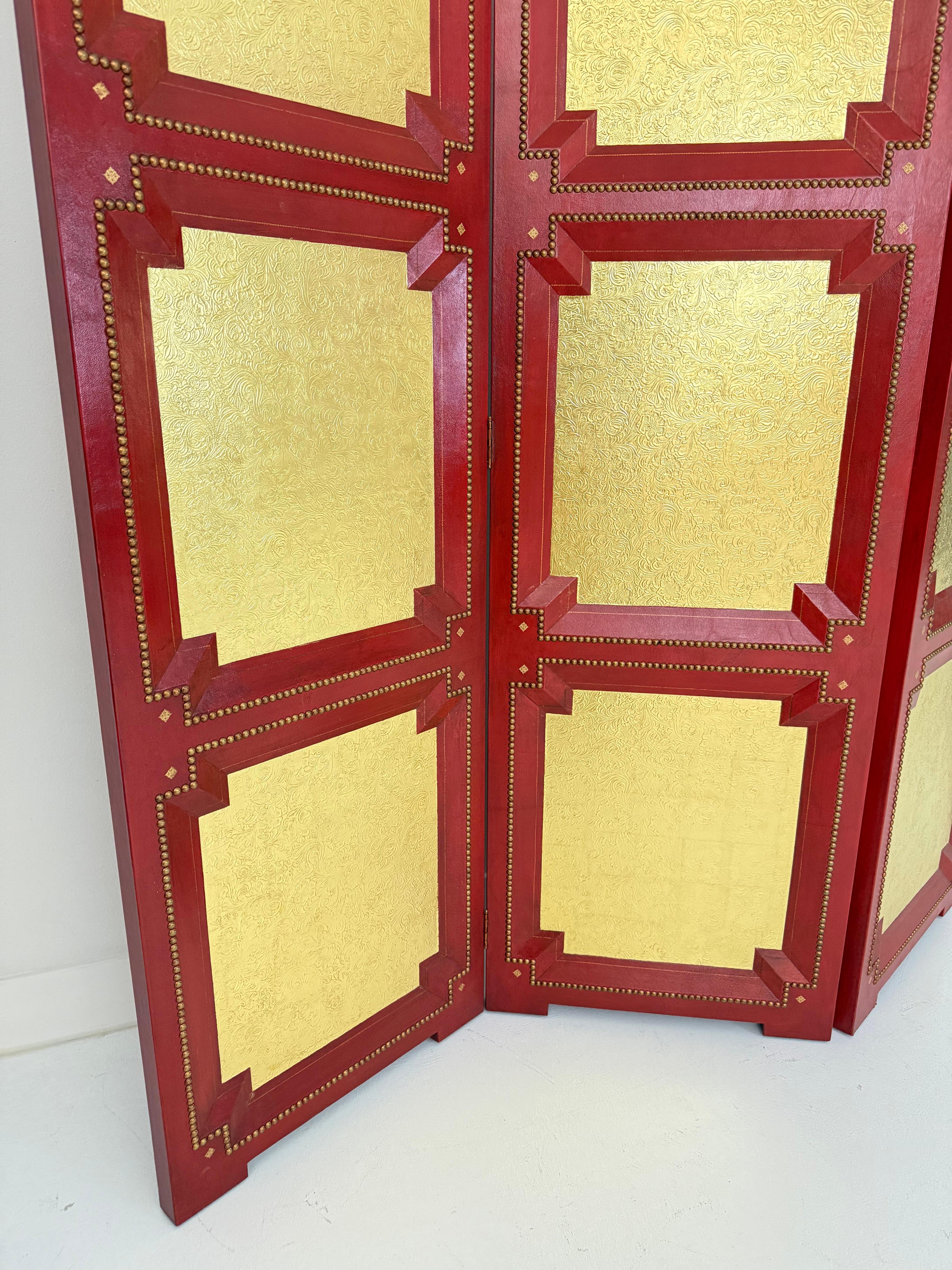 A Cardinal Red and Gilt Leather Three Panel Screen after Billy Haines For Sale 2