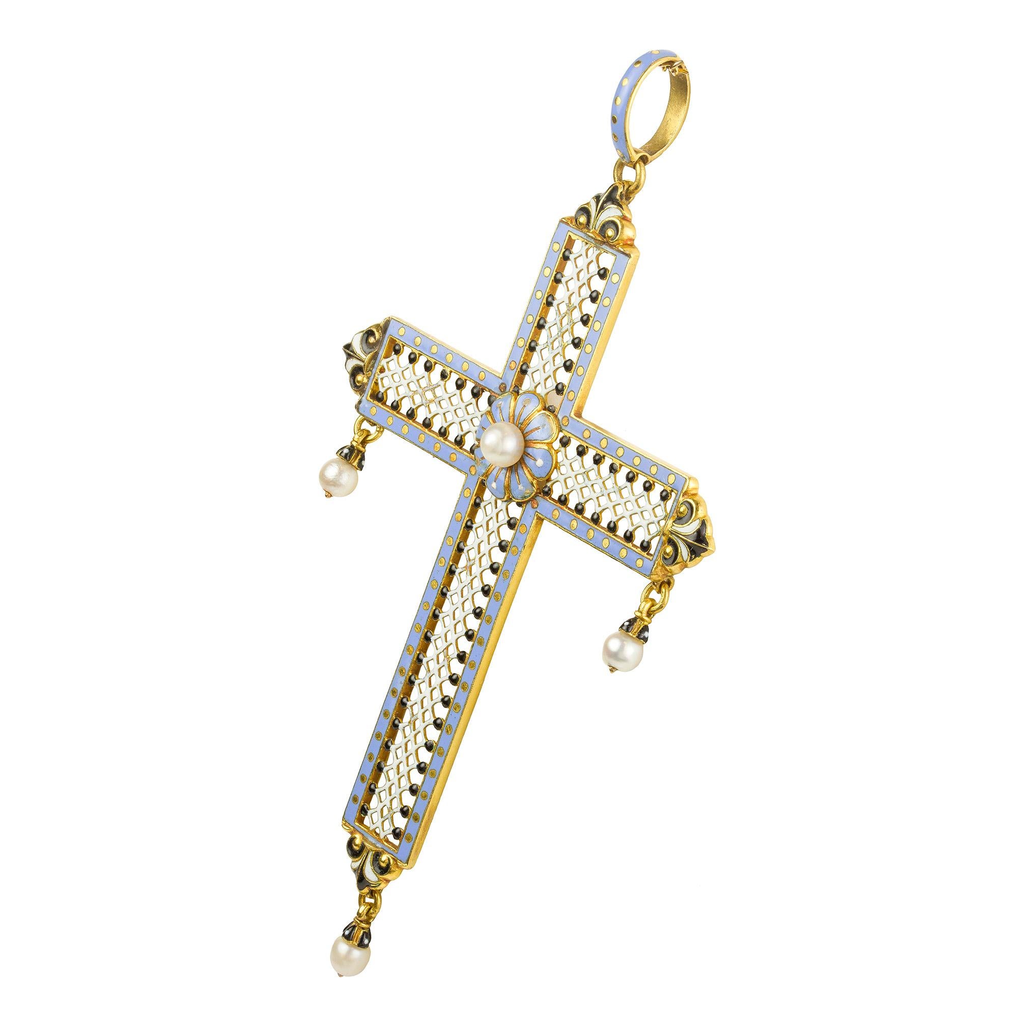 A Carlo Giuliano enamel and pearl cross pendant, the central pearl set to the a lilac and white enamelled flower, in the centre of a fine pierced latticework with white and black enamelled decoration, all surrounded by a lilac enamelled frame,