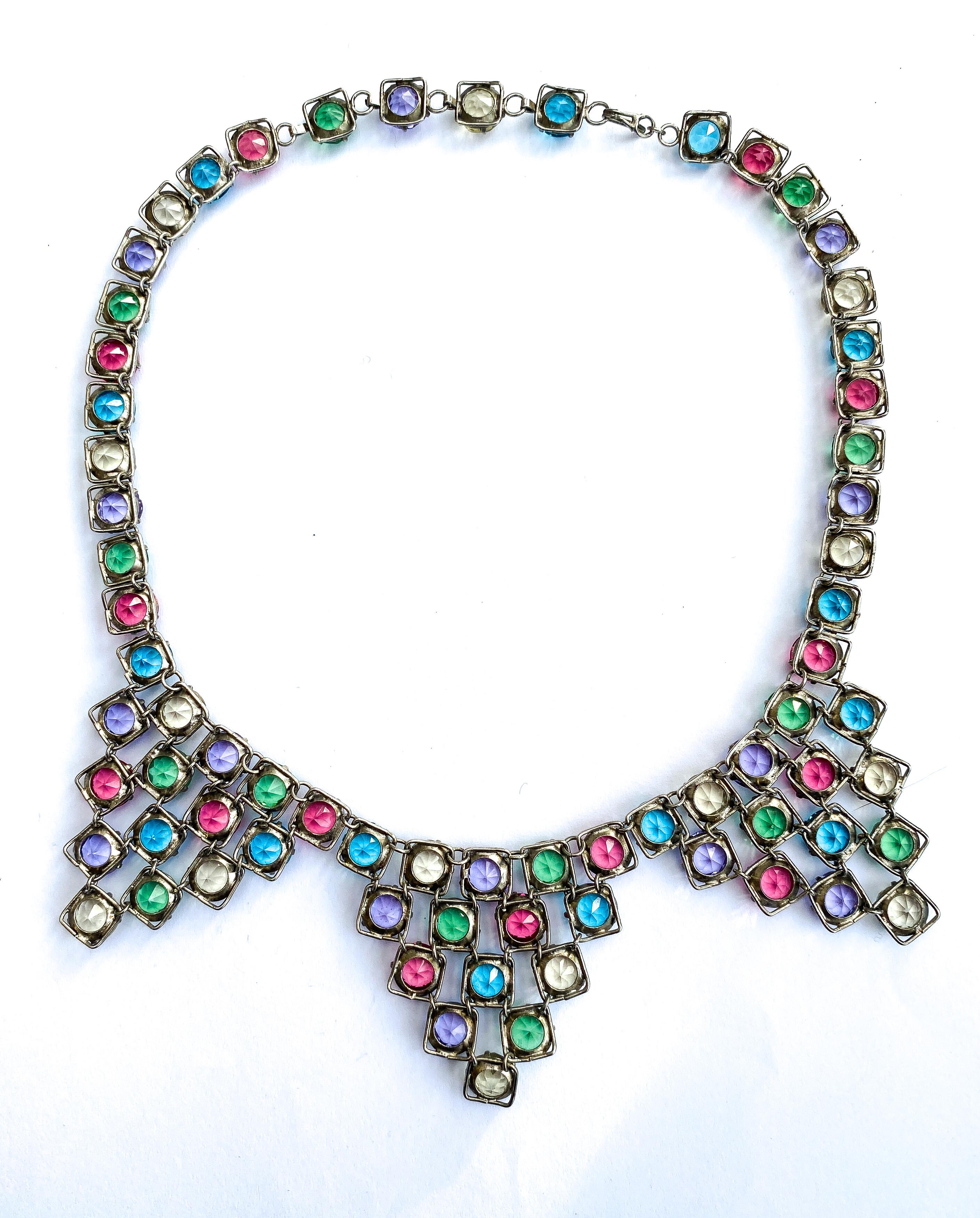 A carnival coloured glass and metal necklace and earrings, Czechoslovakia, 1920s For Sale 9