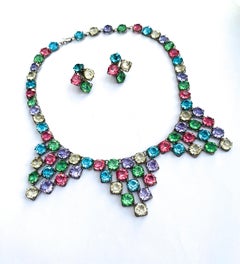 A carnival coloured glass and metal necklace and earrings, Czechoslovakia, 1920s