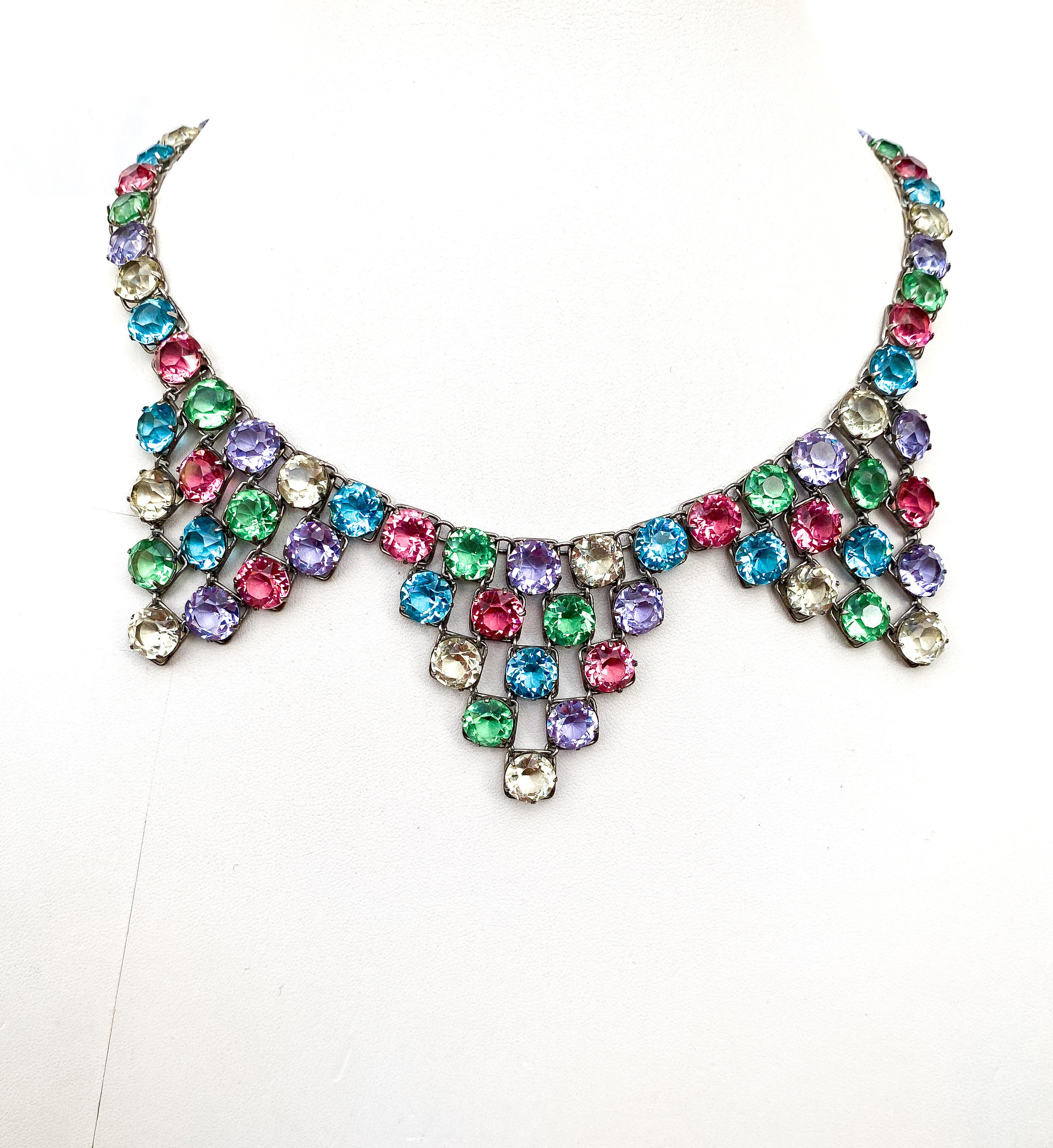 Art Deco A carnival coloured glass and metal necklace and earrings, Czechoslovakia, 1920s For Sale