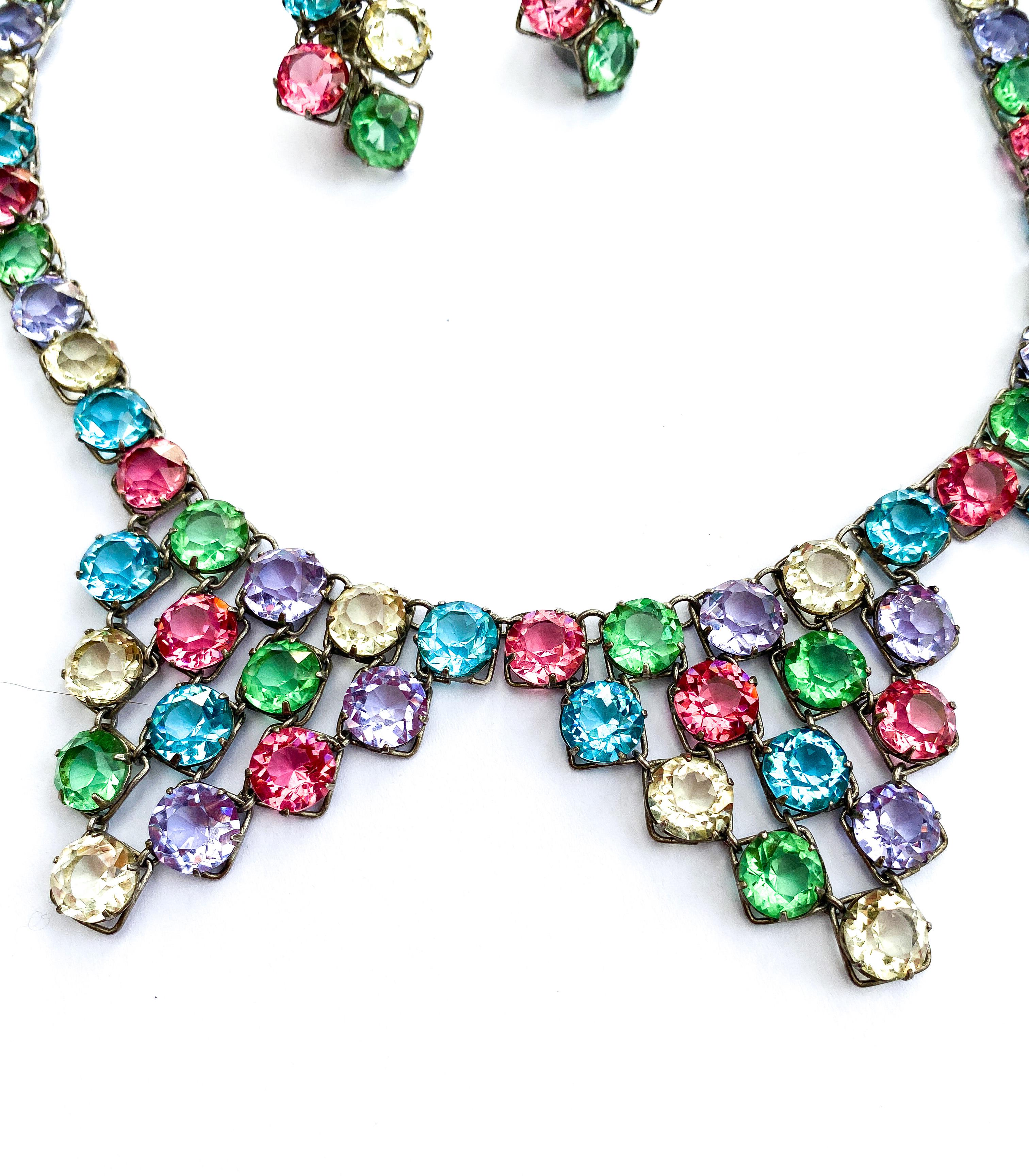 A carnival coloured glass and metal necklace and earrings, Czechoslovakia, 1920s In Excellent Condition For Sale In Greyabbey, County Down