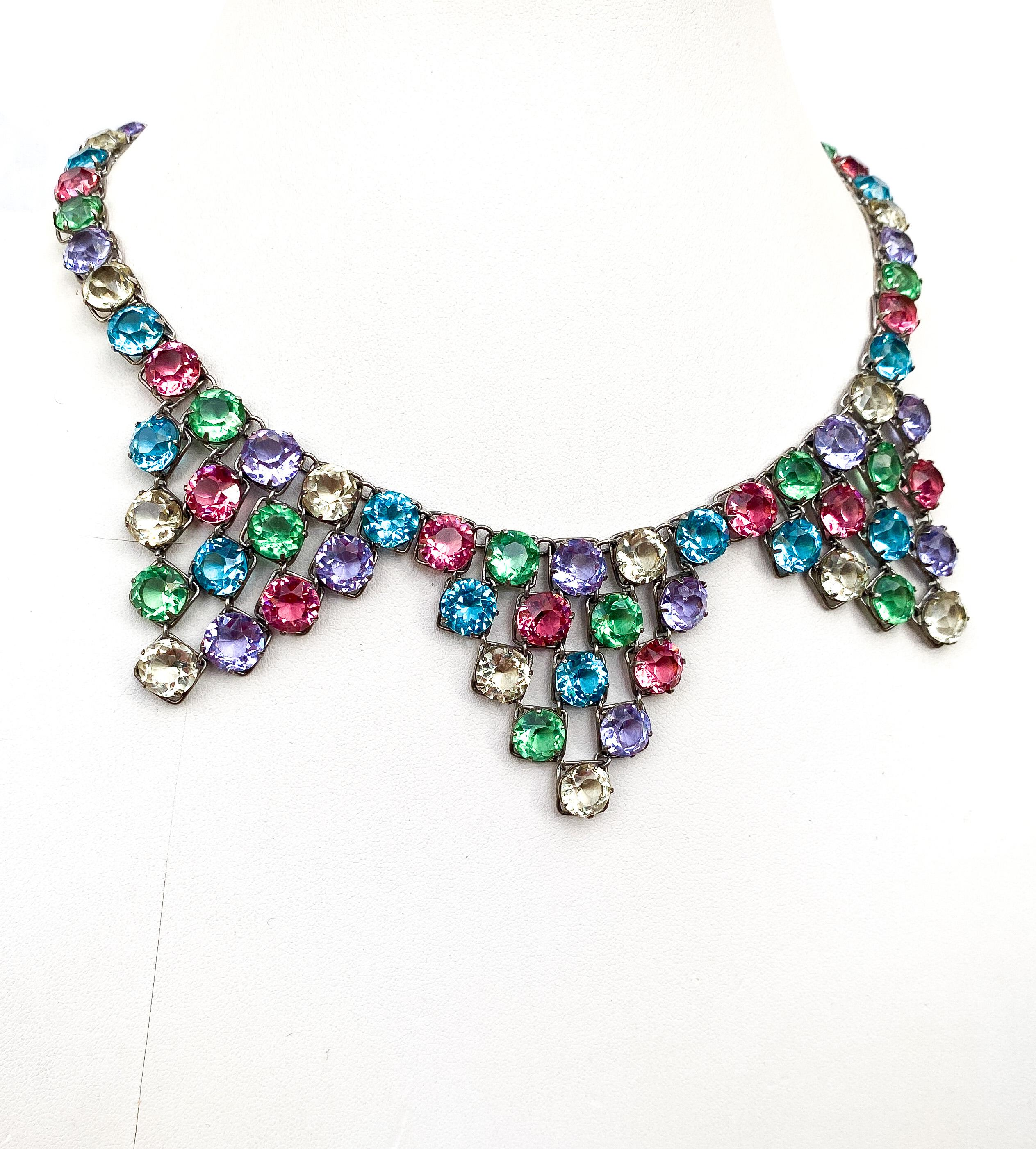 Women's A carnival coloured glass and metal necklace and earrings, Czechoslovakia, 1920s For Sale
