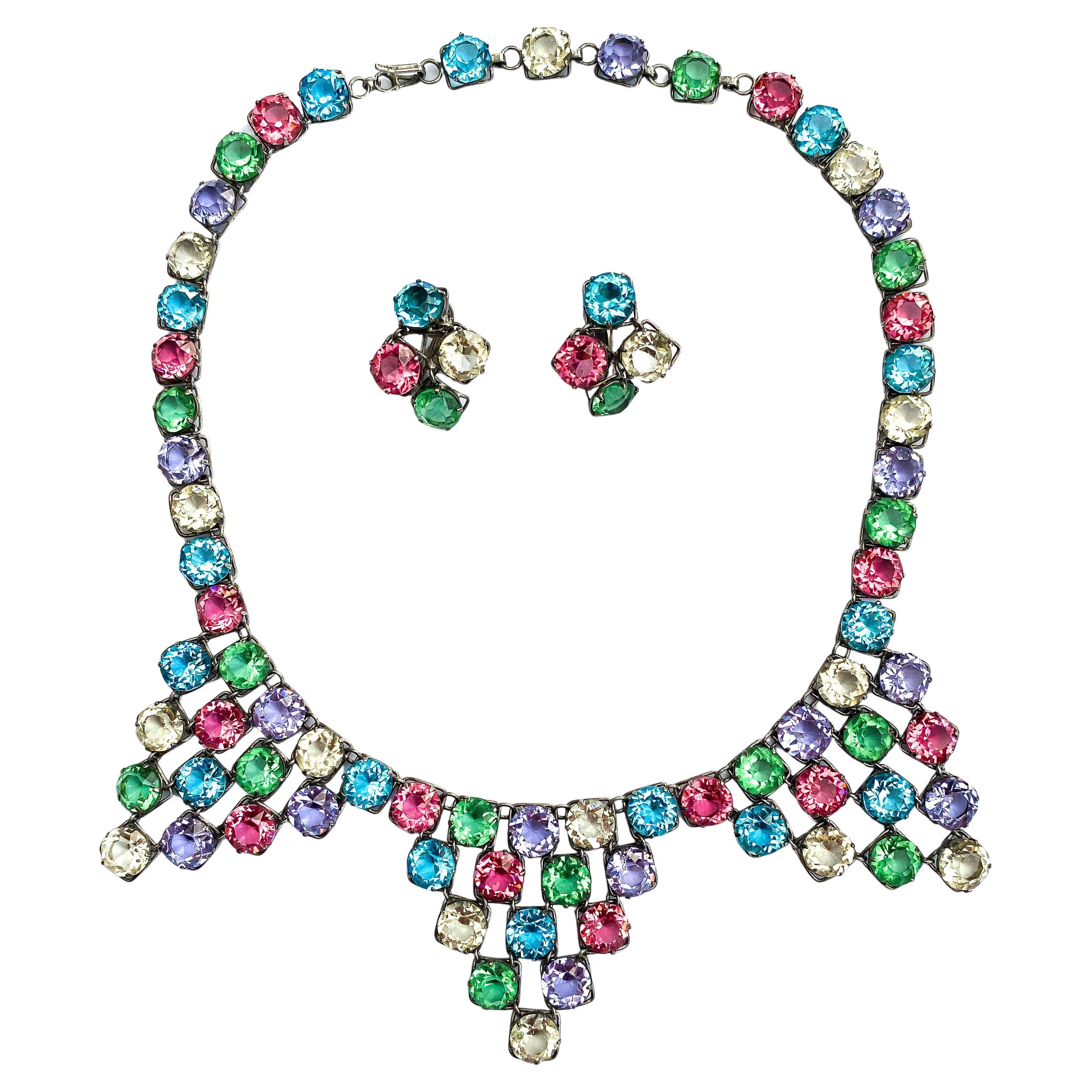 A carnival coloured glass and metal necklace and earrings, Czechoslovakia, 1920s For Sale