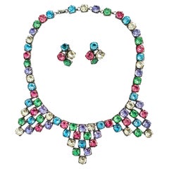 A carnival coloured glass and metal necklace and earrings, Czechoslovakia, 1920s