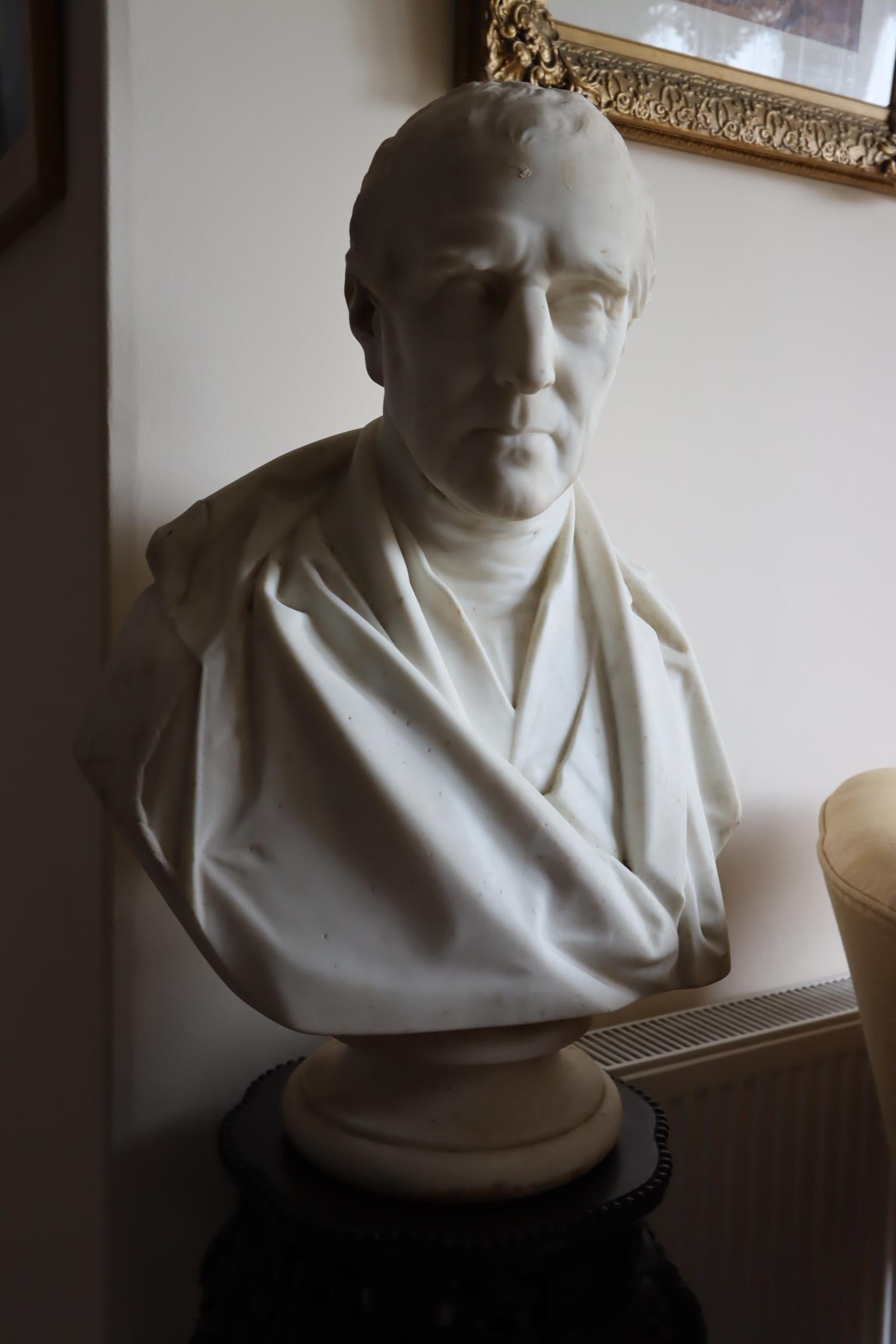 A CARRARA MARBLE BUST OF ARTHUR WELLESLEY, 1ST DUKE OF WELLINGTON, DATED 1854
Signed on the back and dated 1854
13 deep x 22 wide x 29.5 high inches
