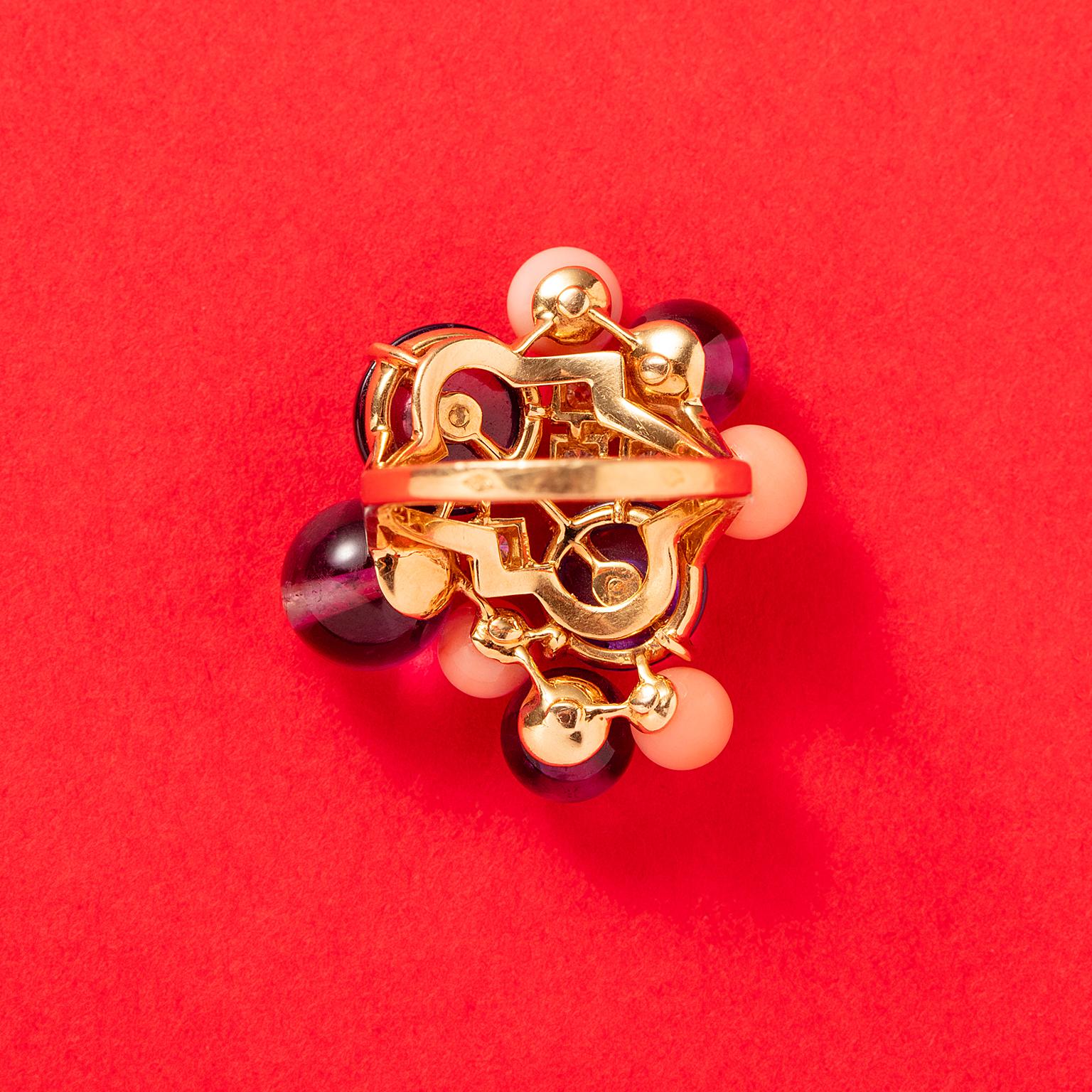 Women's or Men's A Cartier Delices de Goa 18k Gold Ring with Coral, Amethyst and Diamond