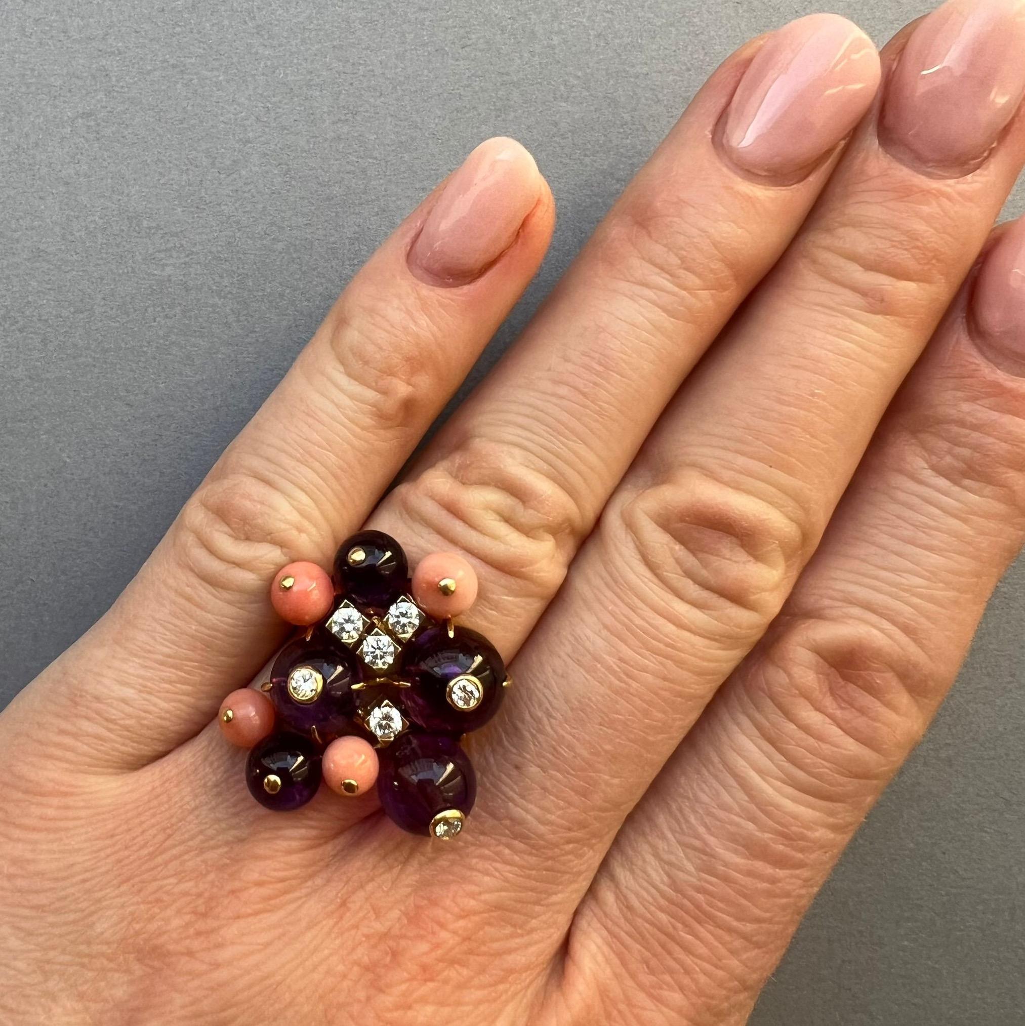 A Cartier Delices de Goa 18k Gold Ring with Coral, Amethyst and Diamond 2