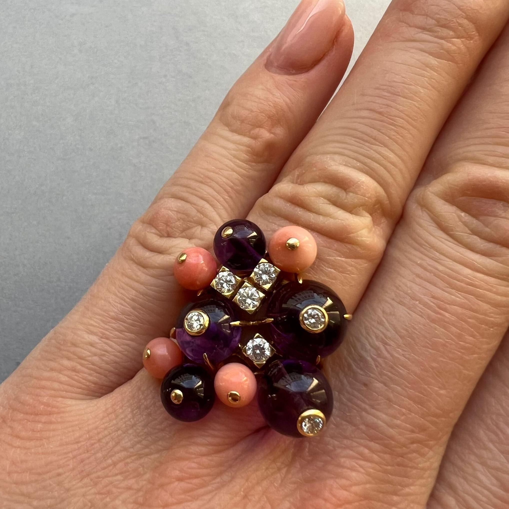 A Cartier Delices de Goa 18k Gold Ring with Coral, Amethyst and Diamond 3