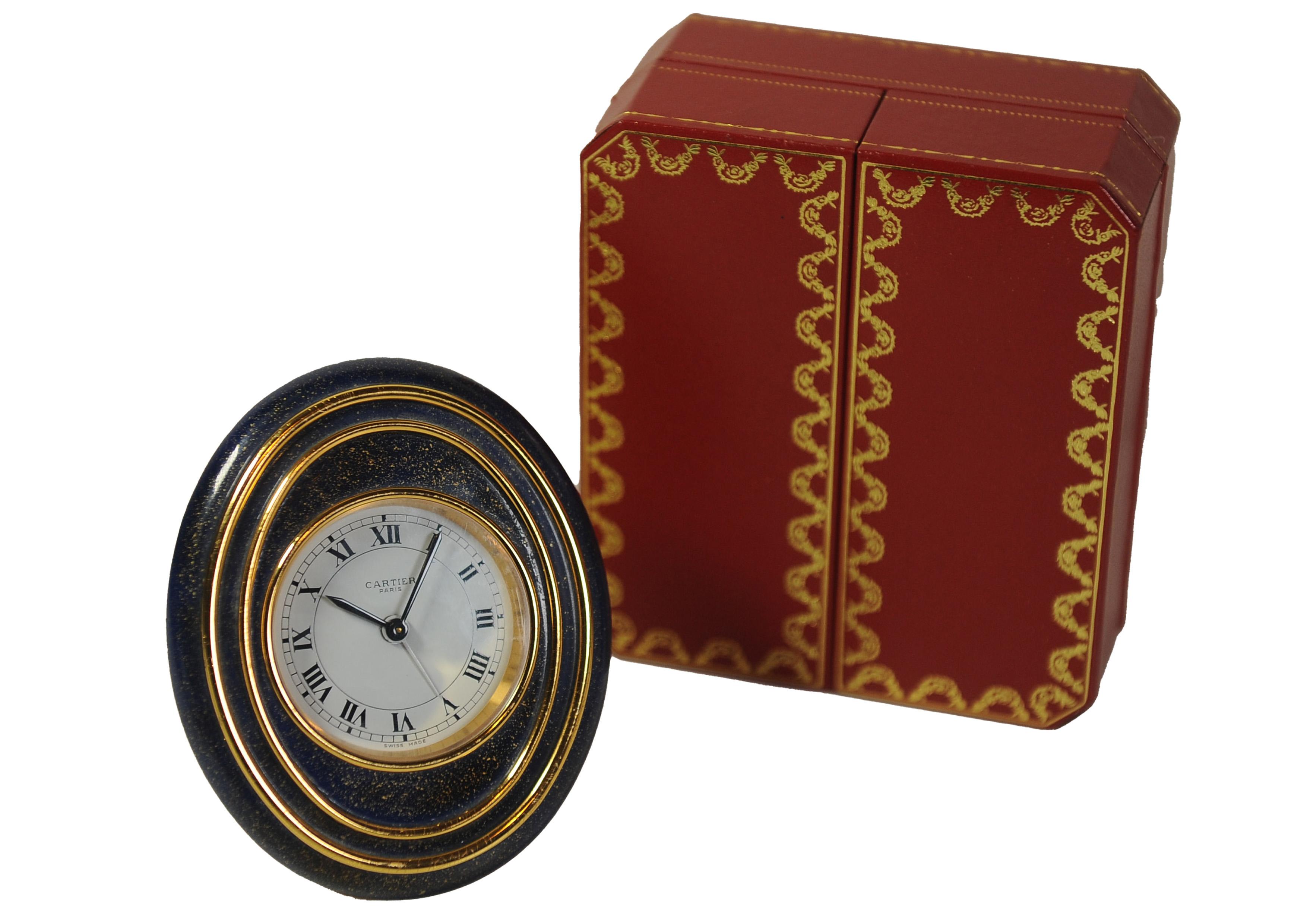 Art Deco A Cartier Oval Gold Enamel 8-Day Mechanical Movement Alarm Desk Clock For Sale