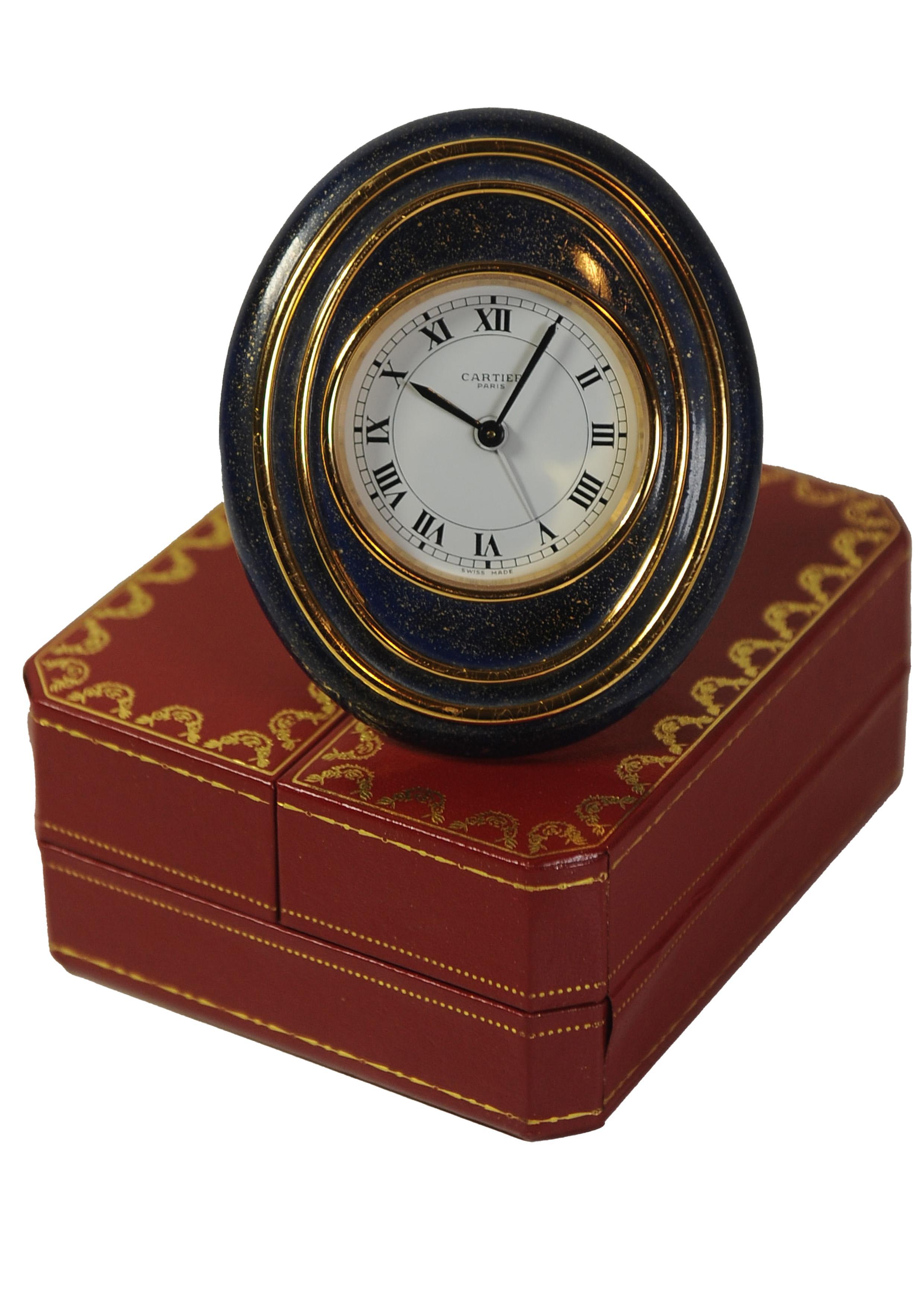 French A Cartier Oval Gold Enamel 8-Day Mechanical Movement Alarm Desk Clock For Sale