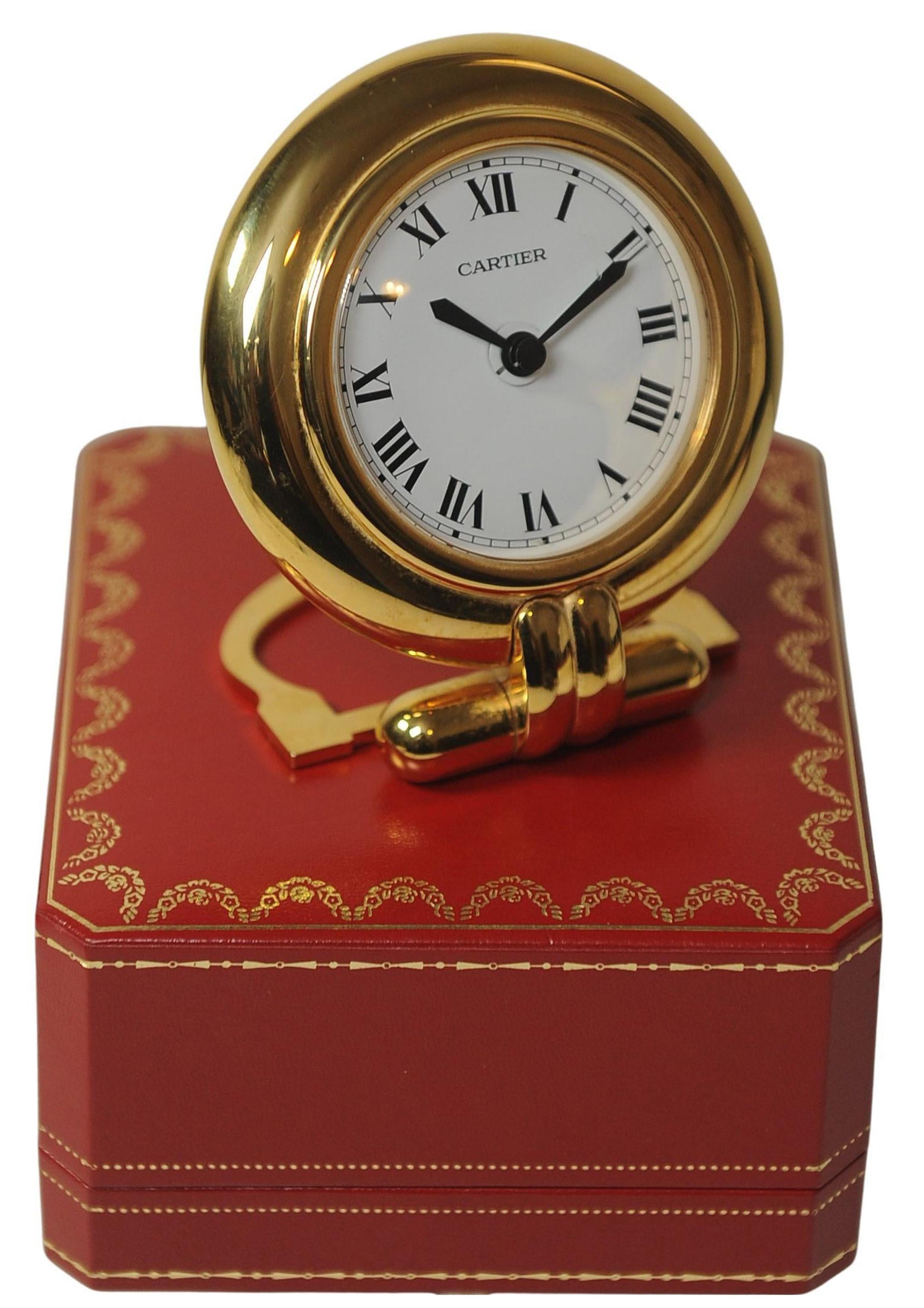 Art Deco A Cartier Gold Circular Travel Clock With Cartier Red Box