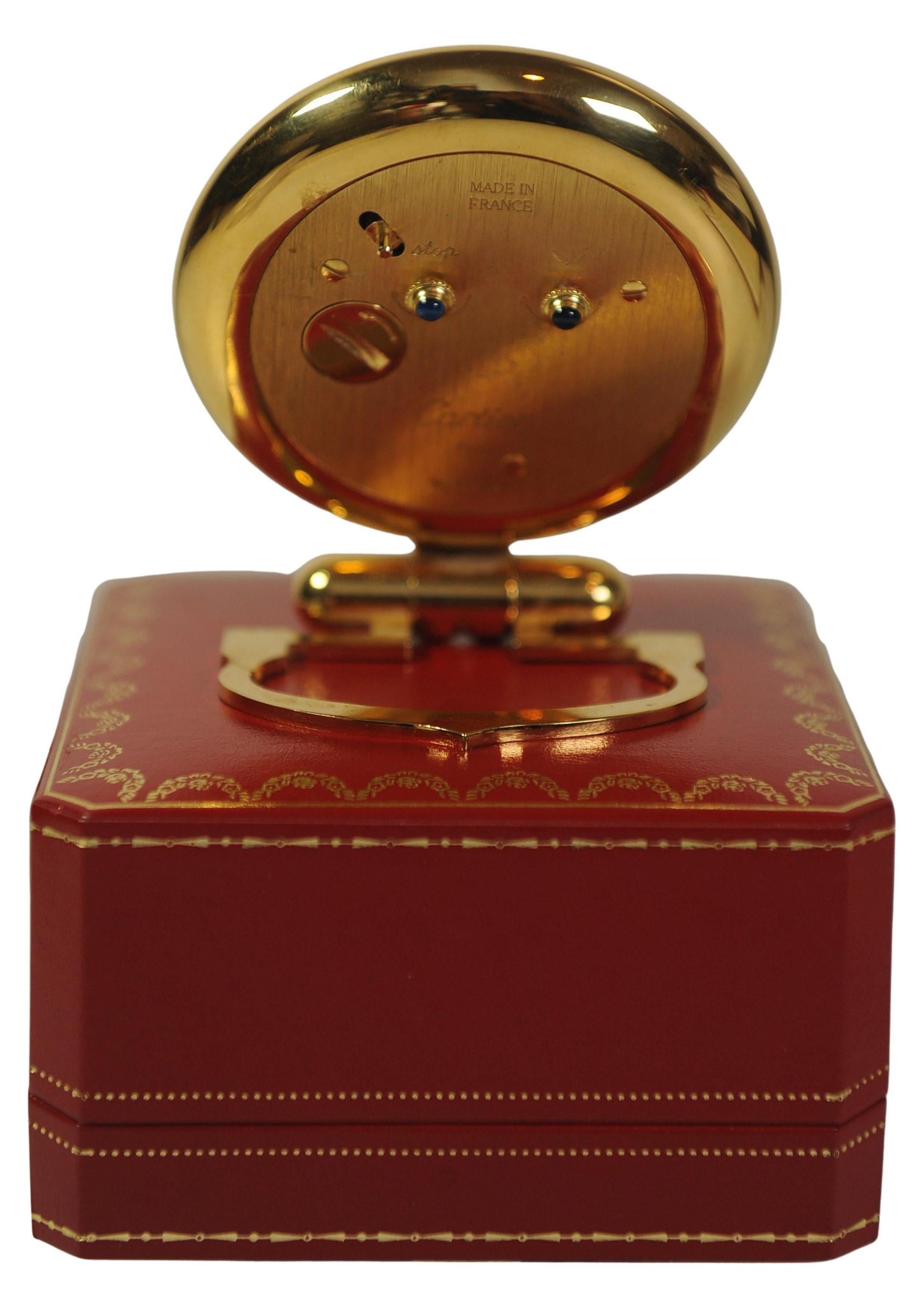 A Cartier Gold Circular Travel Clock With Cartier Red Box In Good Condition In Reading, Berkshire
