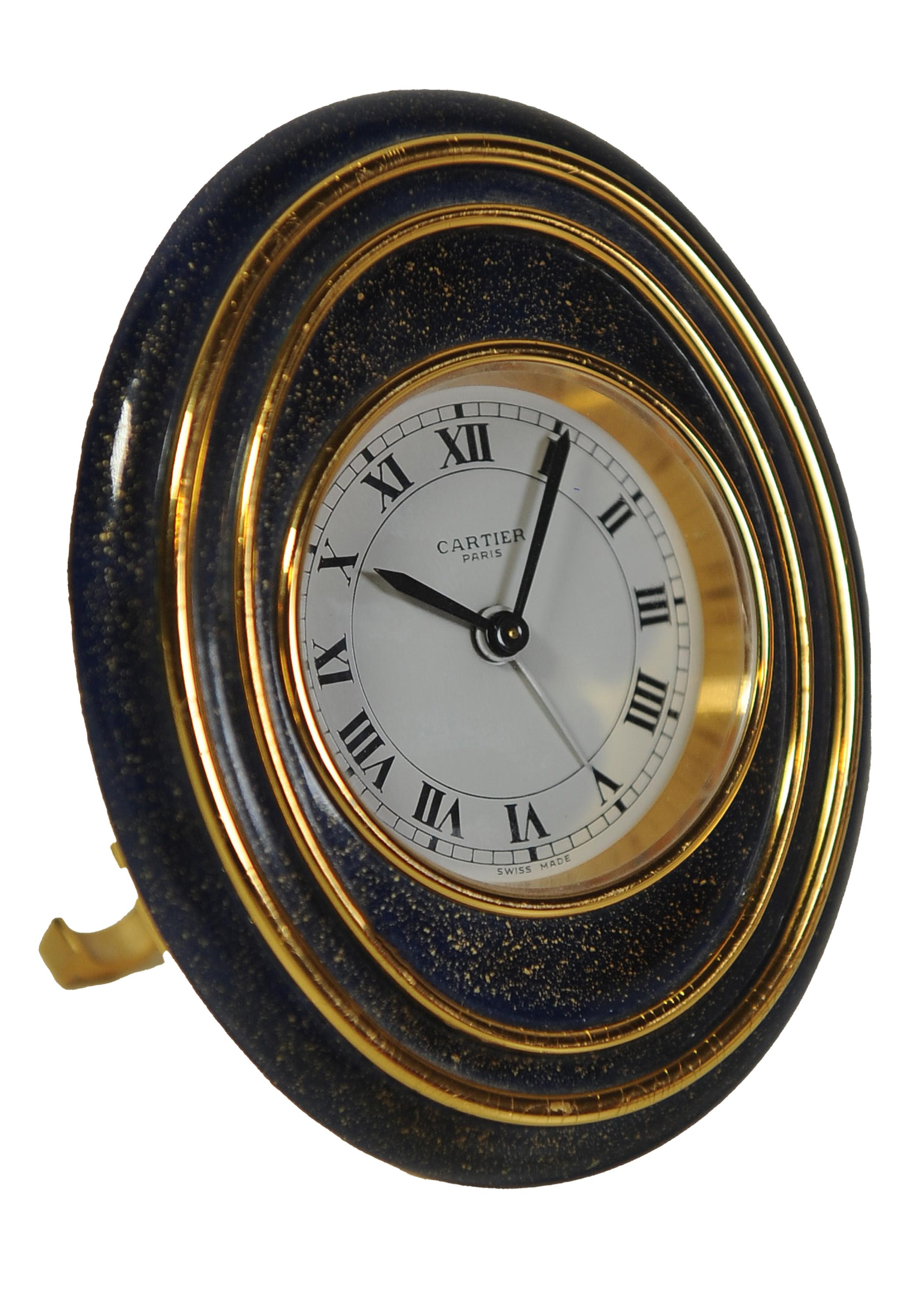20th Century A Cartier Oval Gold Enamel 8-Day Mechanical Movement Alarm Desk Clock For Sale