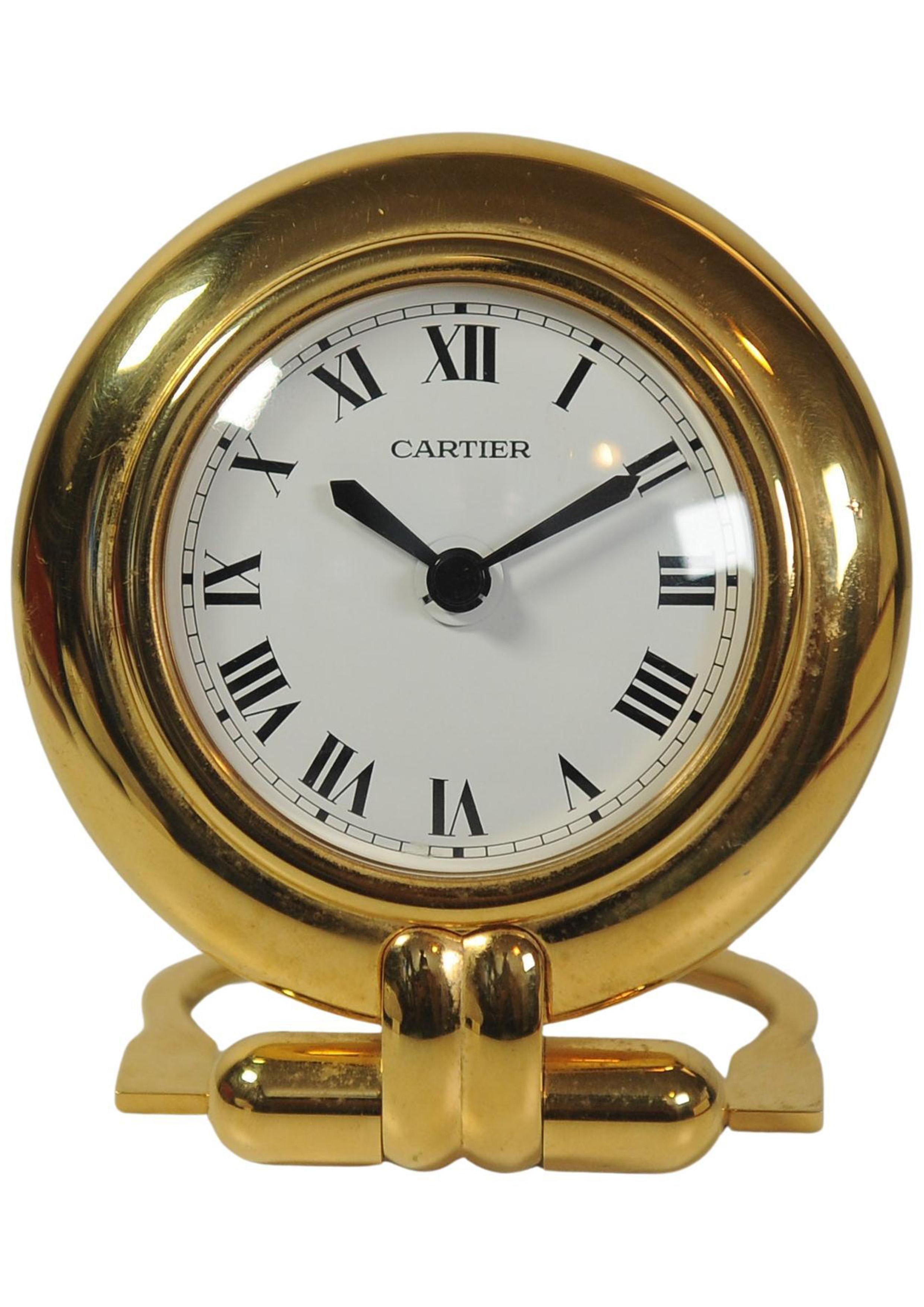 20th Century A Cartier Gold Circular Travel Clock With Cartier Red Box