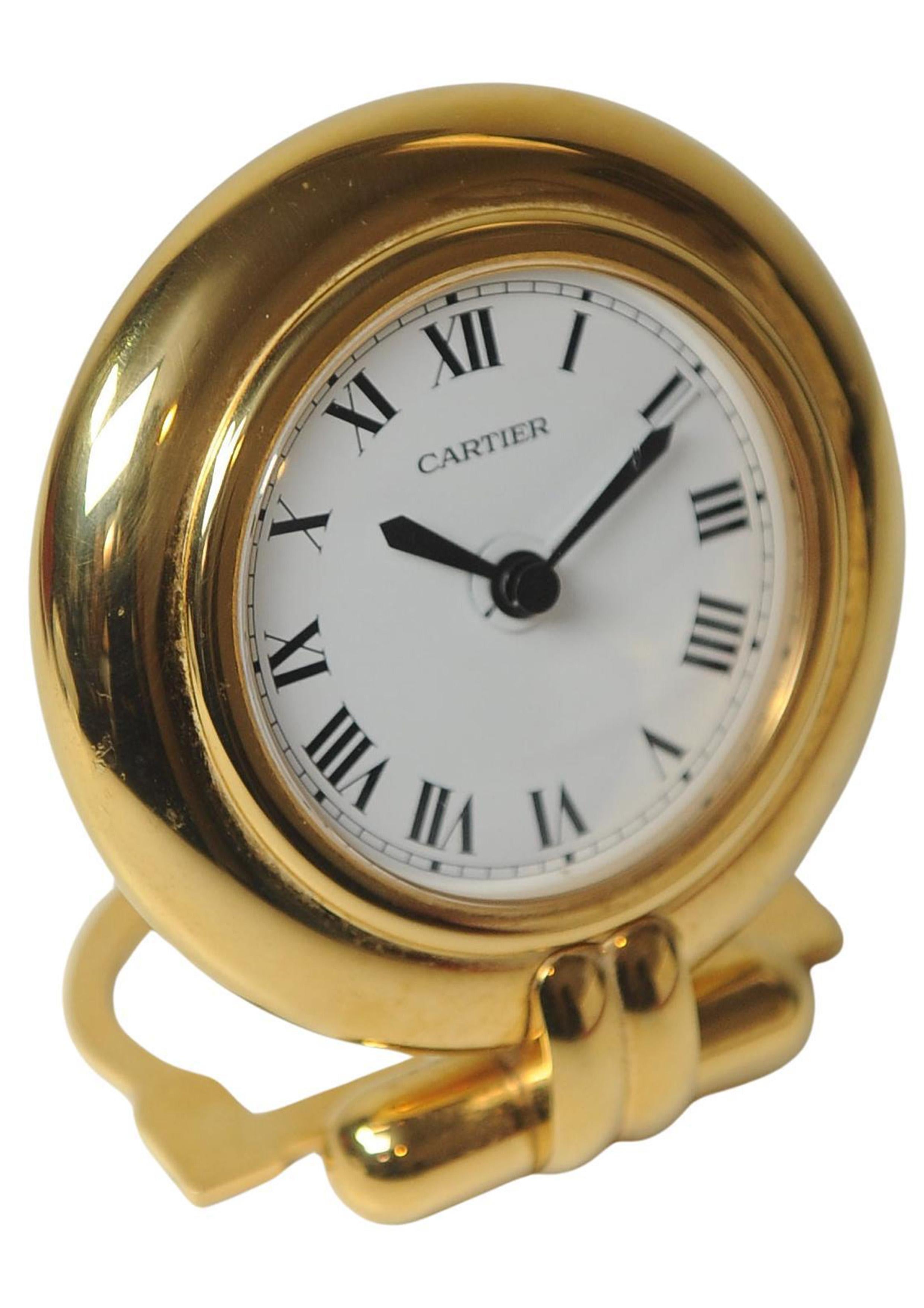 Brass A Cartier Gold Circular Travel Clock With Cartier Red Box