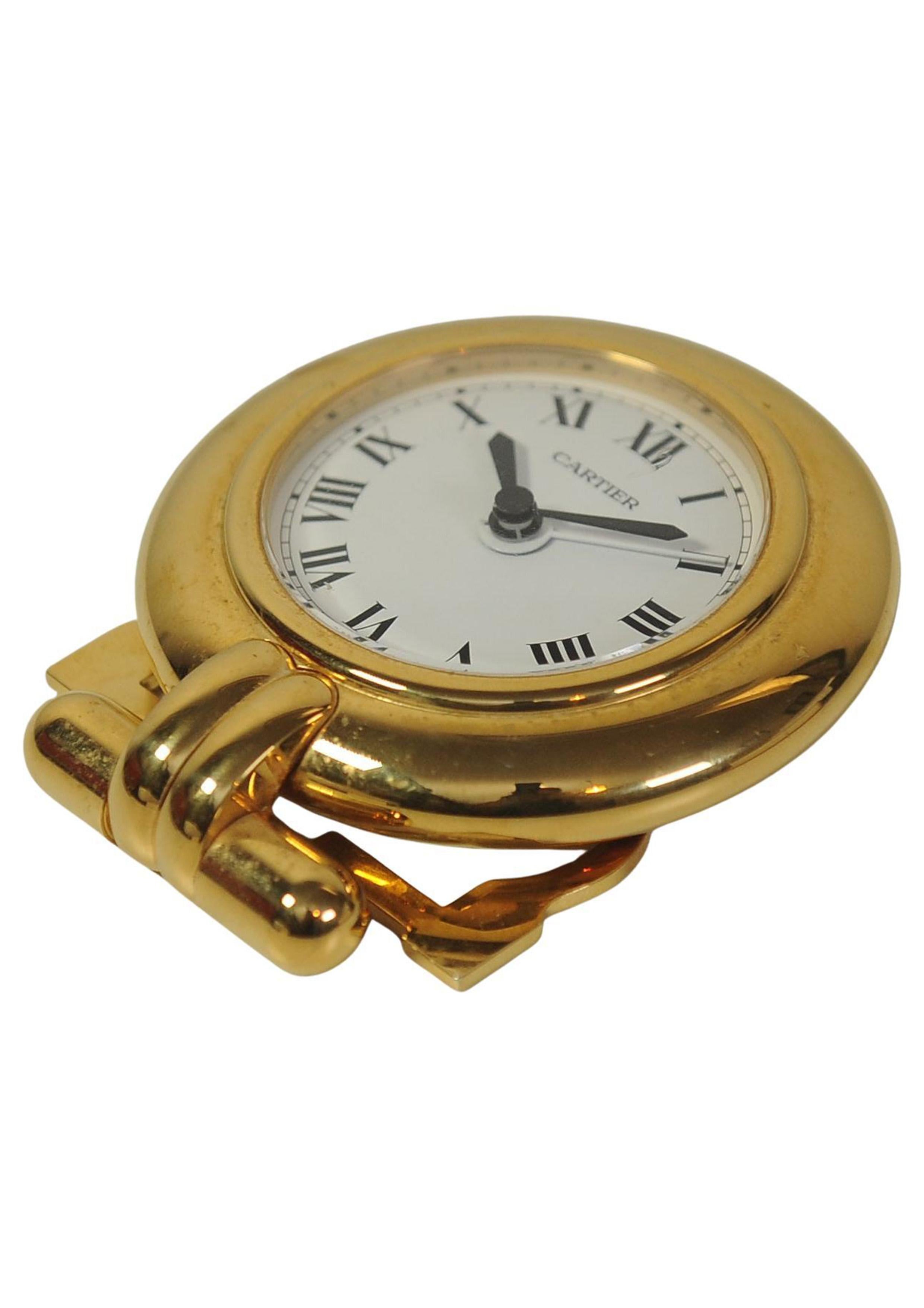 A Cartier Gold Circular Travel Clock With Cartier Red Box 2