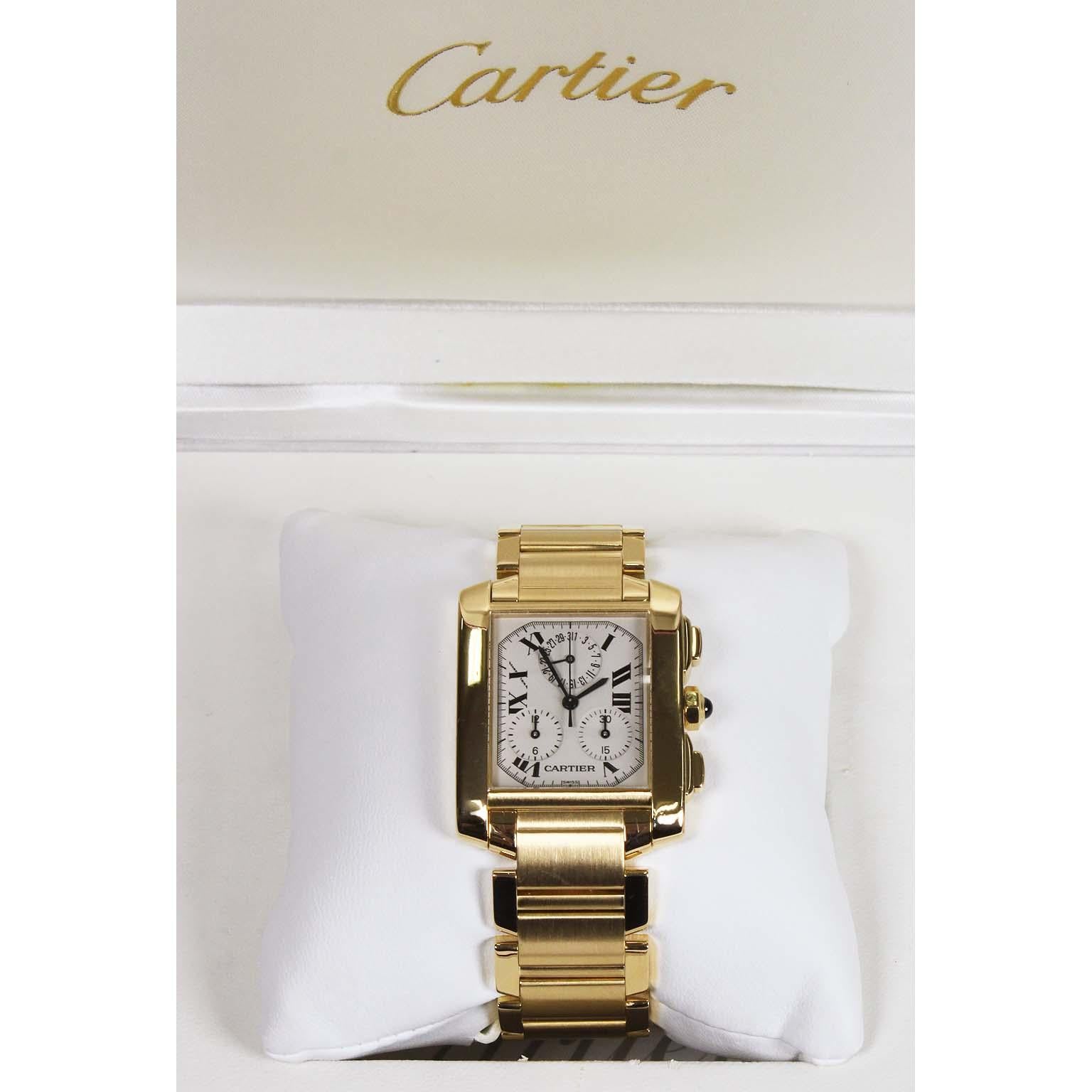 A Cartier yellow gold tank Francaise chronograph quartz wristwatch - Serial No. 1830MG283053

Condition: This watch is in very good pre-owned condition with minor signs of wear. Last serviced at Cartier in Beverly Hills, California on October 21,