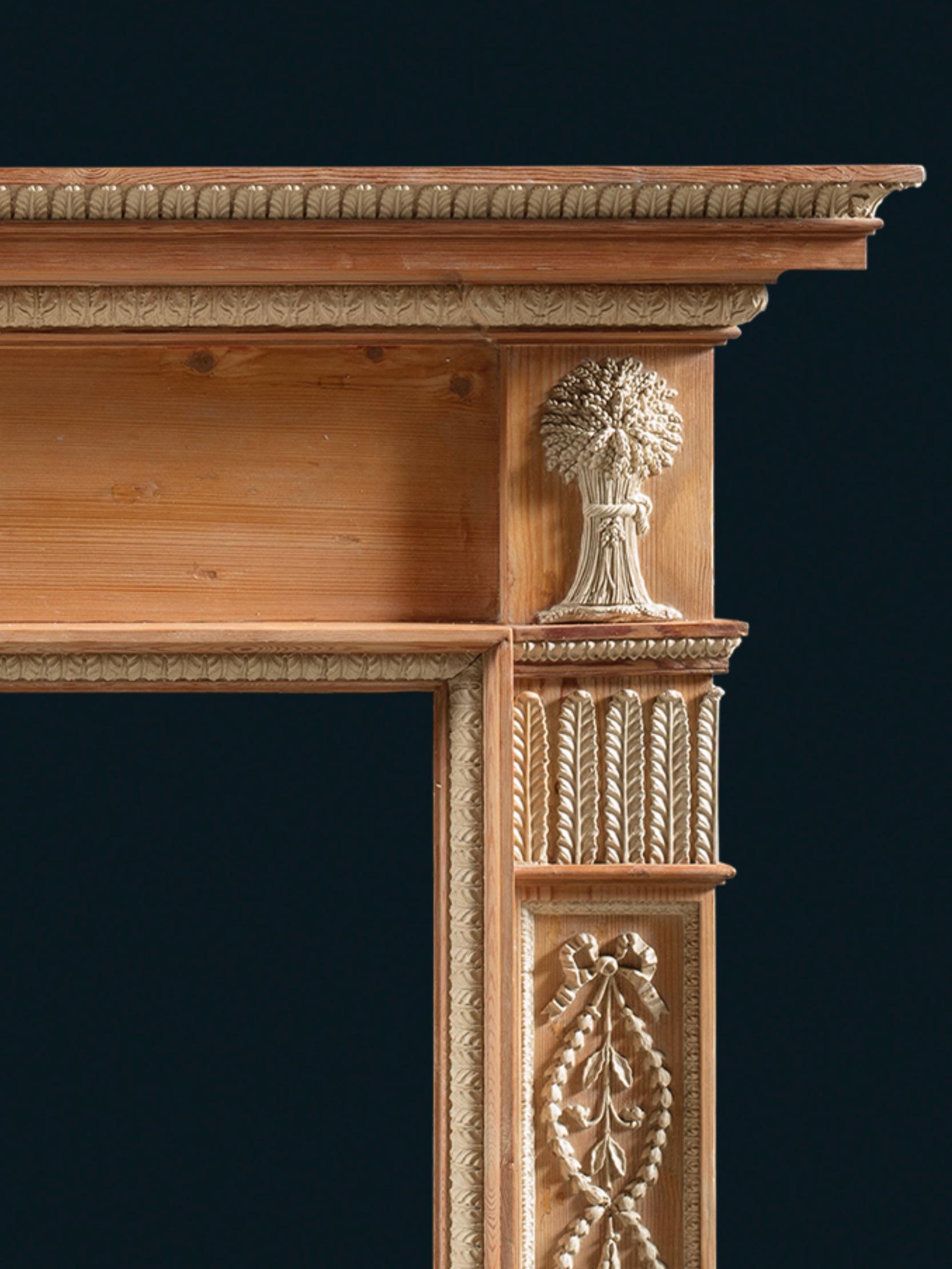 The central plaque depicts a pastoral scene with a shepherd and his flock resting beneath a tree. Bales of hale details decorate the corner blocks, from which garlands of bell flowers gently fall down the jambs. A border of acanthus leaves runs