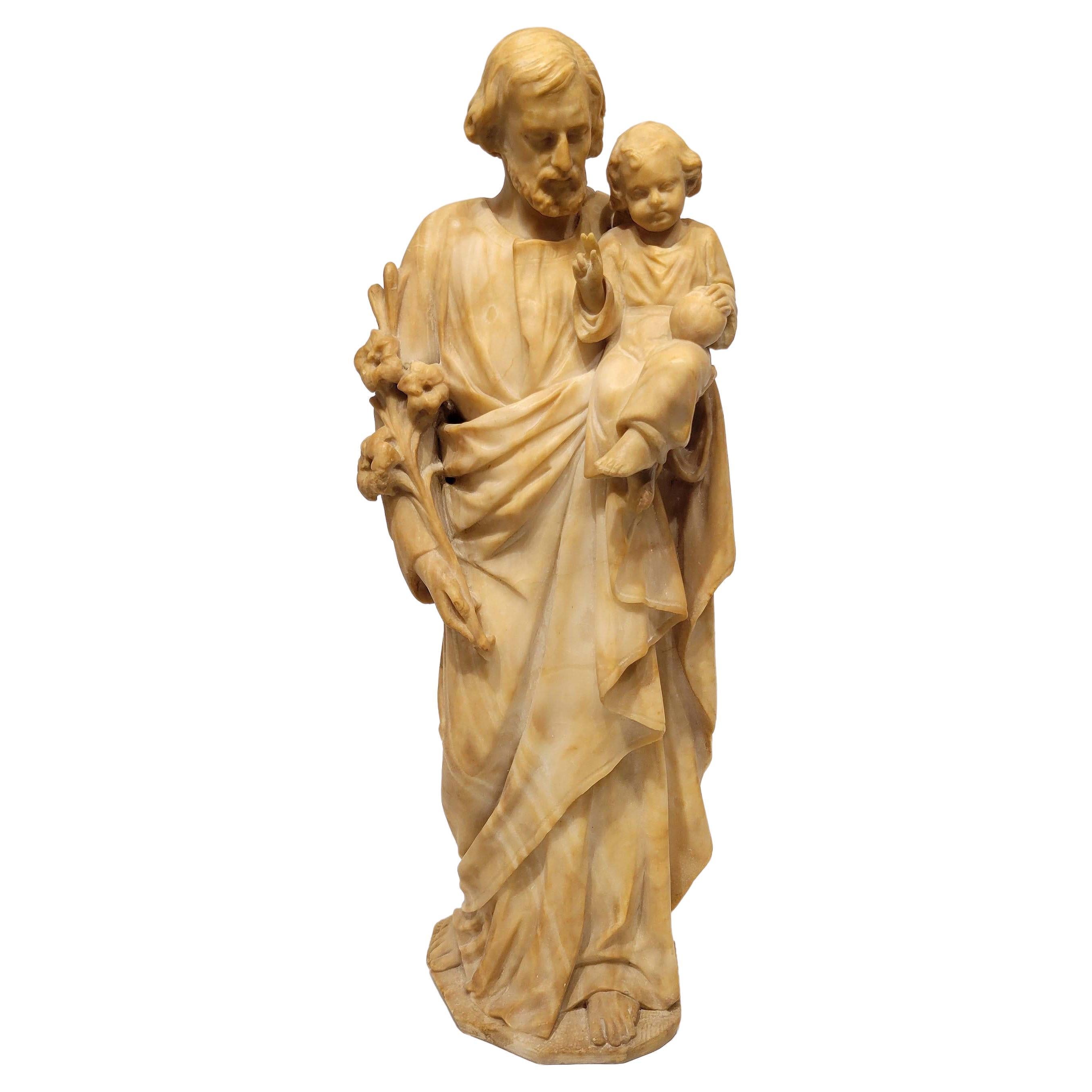 Carved Alabaster Group of St. Joseph and the Christ Child, 19th Century, Italy For Sale