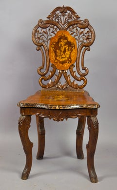 Carved and Inlaid Walnut Chair with Musical Work, Swiss, 1900