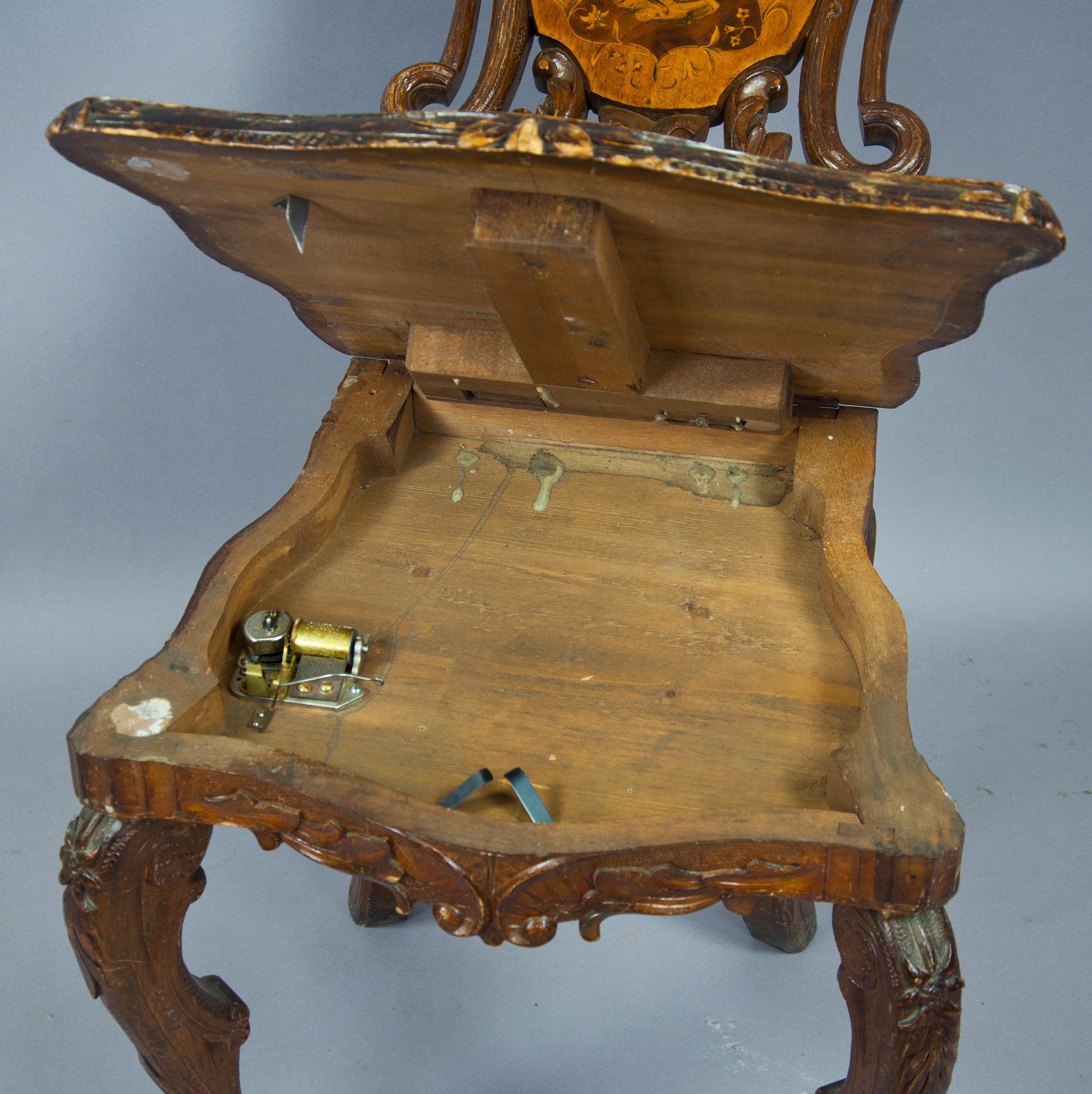 Nutwood Carved and Inlaid Walnut Chair with Musical Work, Swiss, 1900