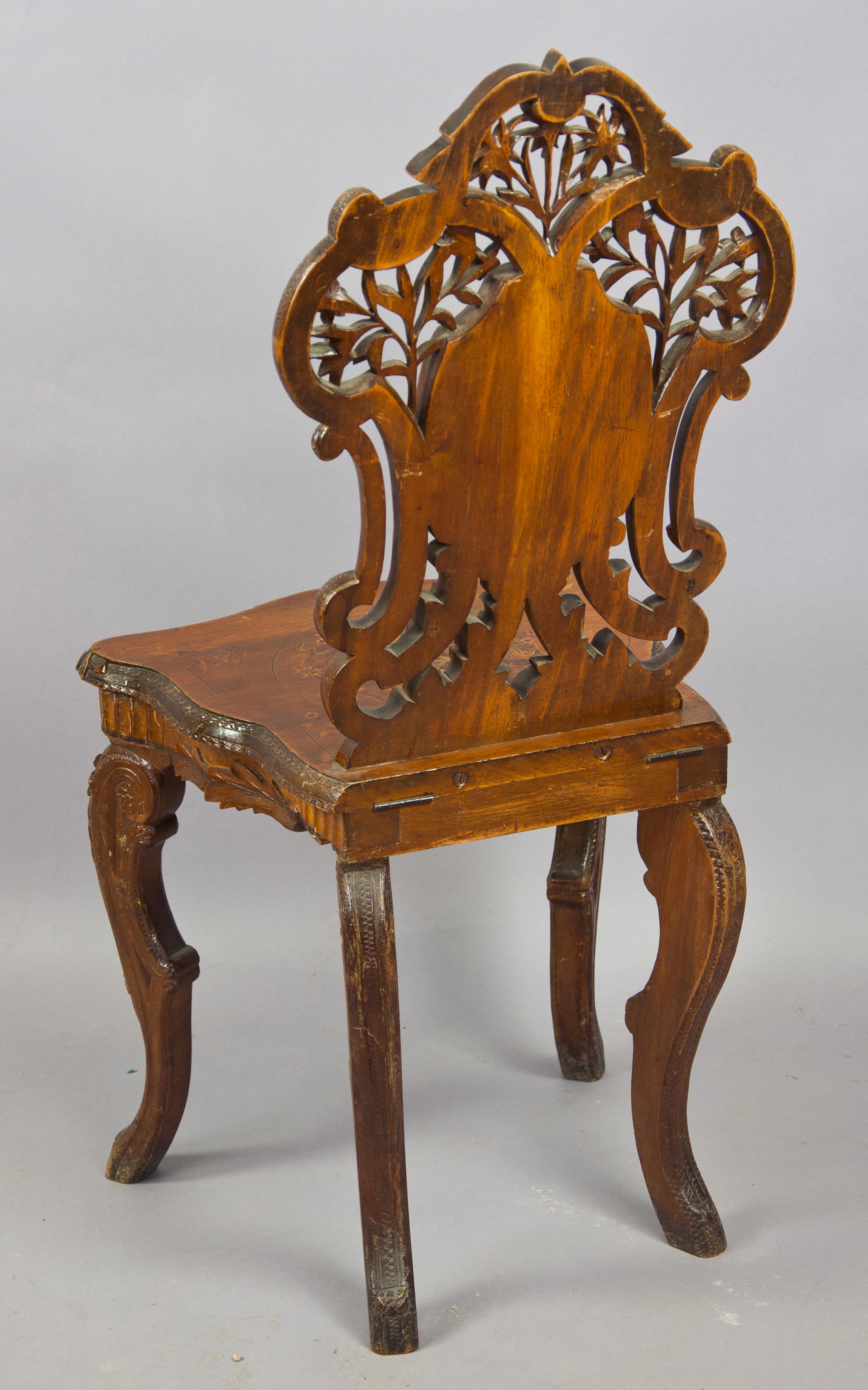 Carved and Inlaid Walnut Chair with Musical Work, Swiss, 1900 1