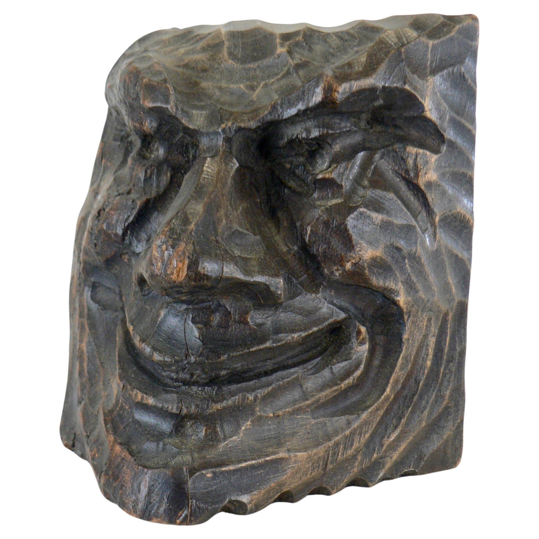 A carved and waxed wooden satyr face,  France  19th century For Sale