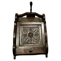 Antique Carved Arts & Crafts Oak Coal Box with Liner and Shovel   