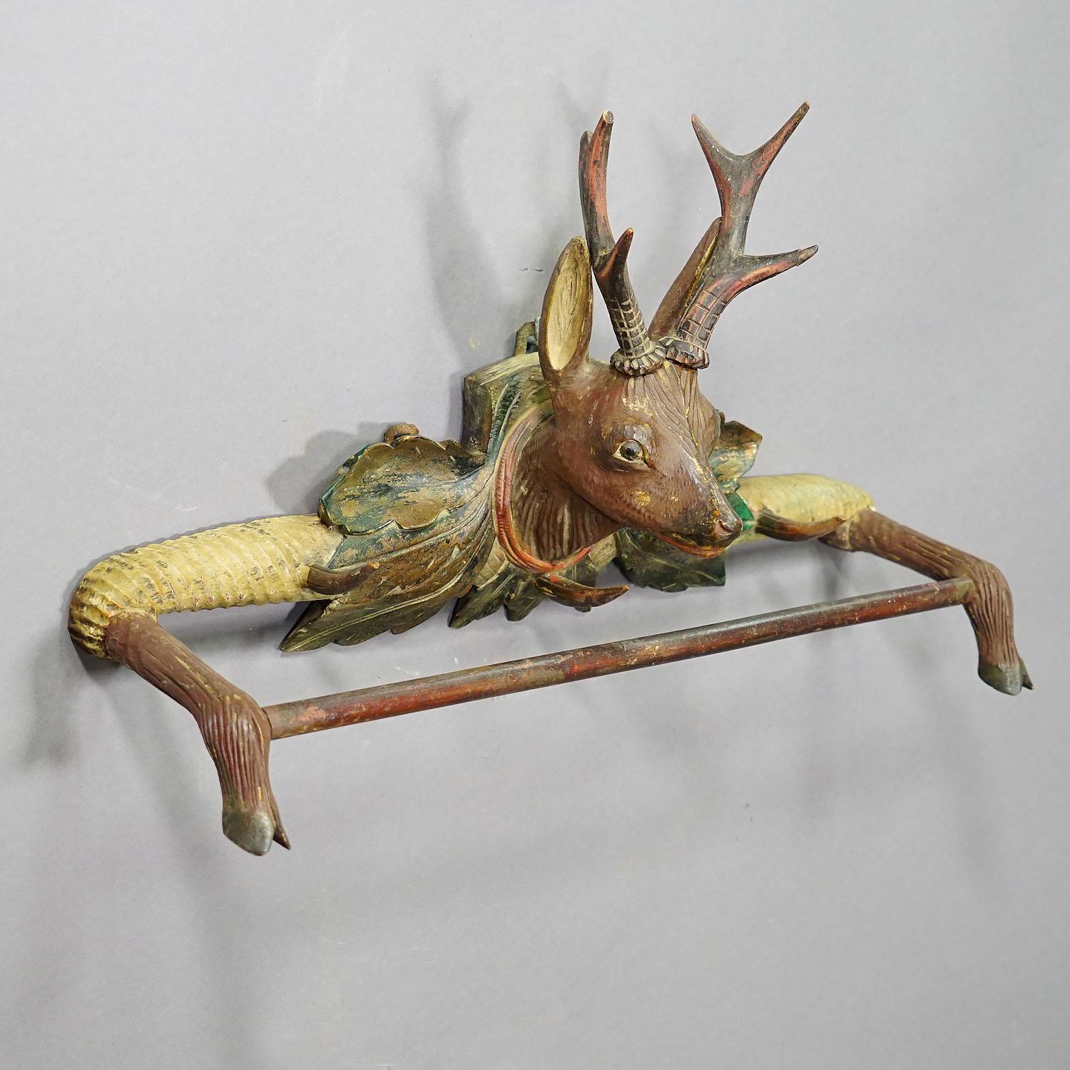 20th Century Carved Black Forest Towel Rail with Deer, Germany Ca. 1900