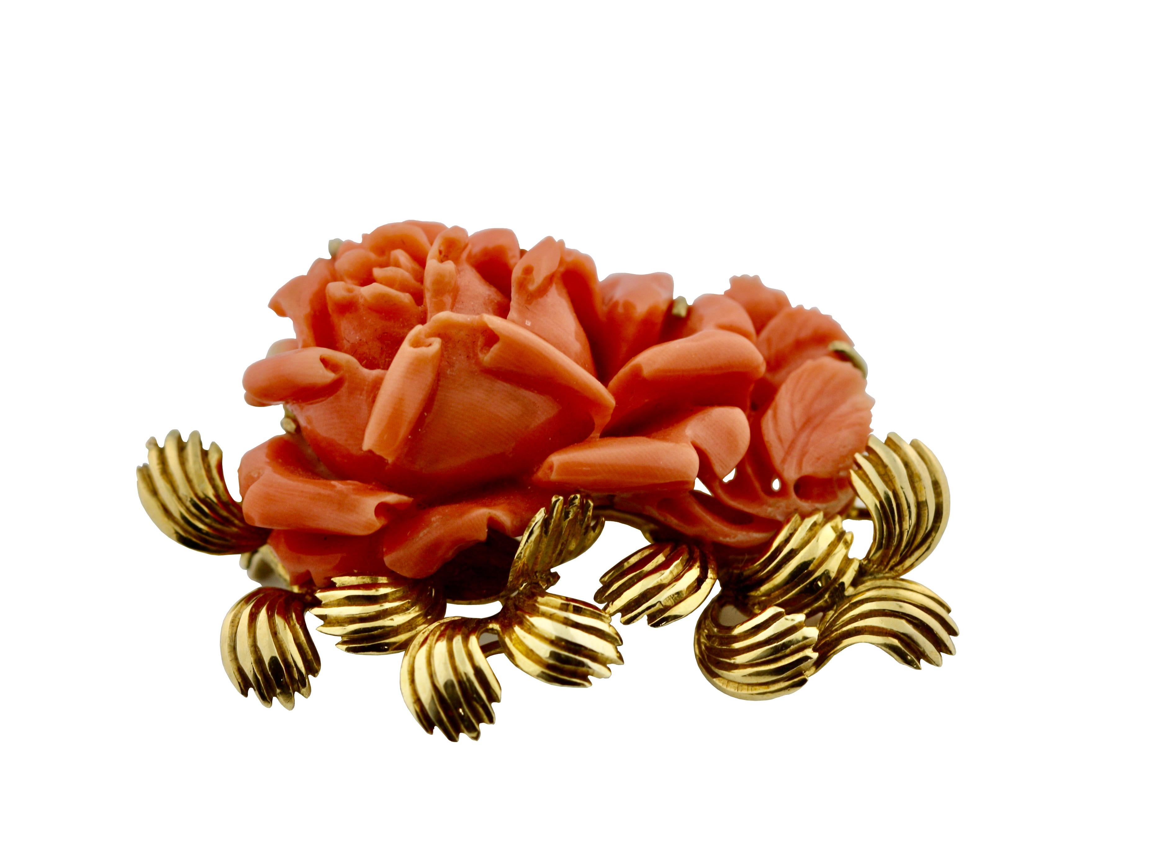 Carved Coral Brooch of a Rose Motif Carved from Coral In Good Condition In Palm Beach, FL